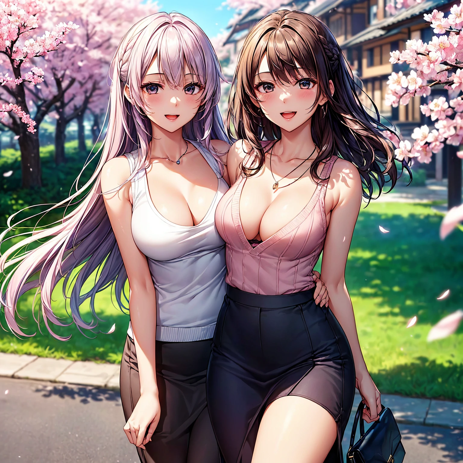(top-quality、masterpiece、very high res、An ultra-high picture quality、High quality pixels)、(She is a woman of perfect and ultimate beauty, And she is 18 years old,1 person,Single,独奏:1.5)、(She is a very beautiful woman with a beautiful face)、(Beautiful face written in detail,Beautiful body,Beautiful hair,Beautiful skin texture)、(Beautiful hair quality,Variety of hairstyles)、(She has a slender figure and her breasts are D cups)、(lovely smile,Smile, Open mouth,),(Sleeveless knitwear,pleatedskirt,1 diamond necklace,1 handbag,shoulders are exposed),(A path lined with flourishing cherry blossom trees,Cherry blossoms in full bloom),The wind is blowing、Beautiful Art Style, an animated character、(The whole picture、Detailed picture、accurate anatomy、Defect-free images、extremely detailed picture、Accurate images、Perfect Image 1.5)、(Best Shot Photo 1.2)