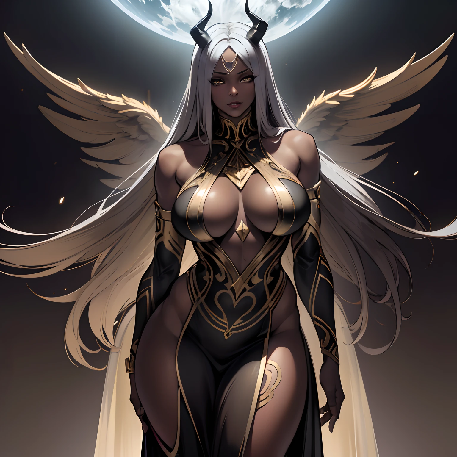 (Best quality,4K,8K,A high resolution,Masterpiece:1.2), Ultra-detailed, (Realistic,Photorealistic,photo-realistic:1.37), Mature ebony-skinned female，Long silver hair, Wearing a gold gilded slim light gold dress, Curvy, There are big black demon wings, There are devil's horns, alluring gaze, Dark skin tone, Ebony complexion, Golden dress, golden dress, Alone, Solo, (Alone)(Solo)