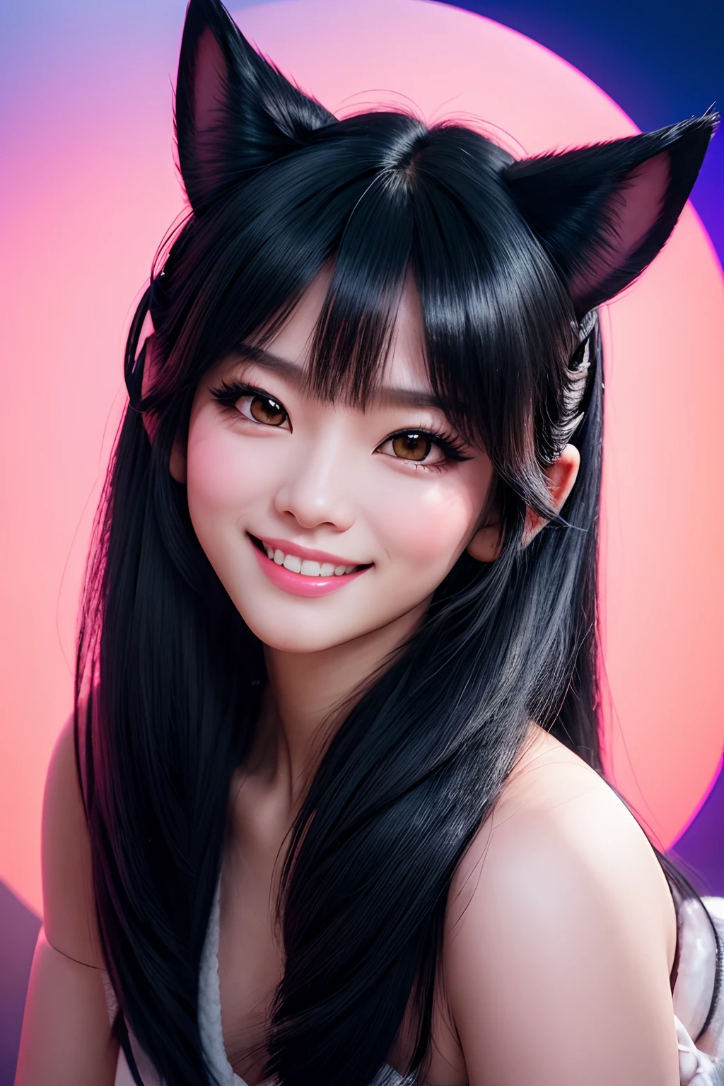 black hair, hair bobbles, wince, longeyelashes, solid circle eyes, fake animal ears, light smile, ear blush, fang, Surrealism, drop shadow, anaglyph, stereogram, tachi-e, pov, atmospheric perspective, 8k, super detail, ccurate, best quality