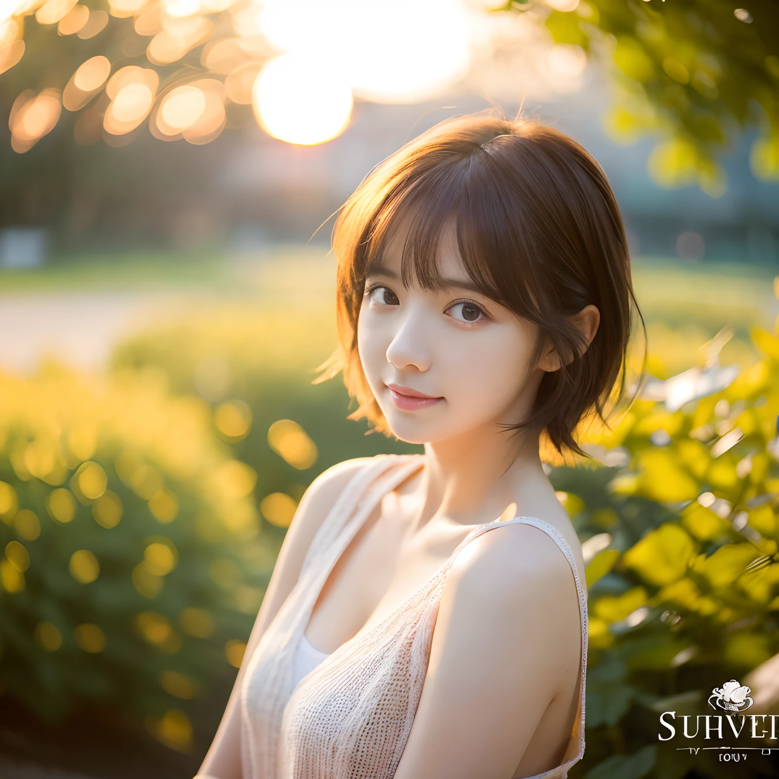 best qualtiy， tmasterpiece， 超A high resolution， （realisticlying：1.5）， RAW photogr， 1girll， shoulder， Sunnyday， low tune， Warm lights， Sexy look， short detailed hair