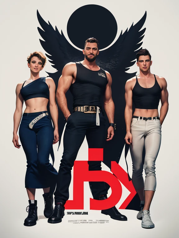 a strong muscular man with tattoos, 4 men in black shirts and jackets, punk rockers, rock band in a gym, muscular tattooed musicians, realistic, photography, photo