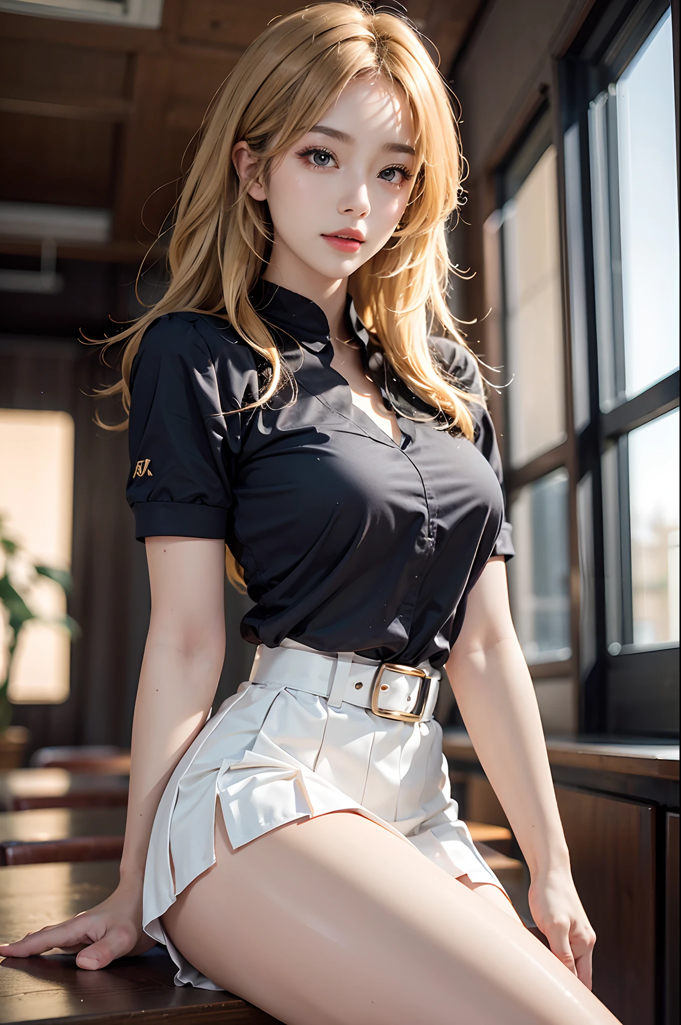 ((knee shot)), Shot from a random perspective, 22-year-old Japanese model, slim, Slimming the waist, curlies, JK school uniform, black shirt, cropped shoulders, White pleated skirt, high-waist, Nice belt, golden hair, warm lights, Warm tones Slender legs, Cross ed leg, In the classroom, sitting on the classroom desk, warm lights, a warm color palette, Dynamic pose, posing elegantly, blonde hair, streaked hair, hair ornament, heart-shaped pupils, makeup, light smile, shy, licking lips, Romanticism, Social realism, chiaroscuro, motion blur, anaglyph, Sony FE GM, UHD, masterpiece, textured skin, super detail, best quality