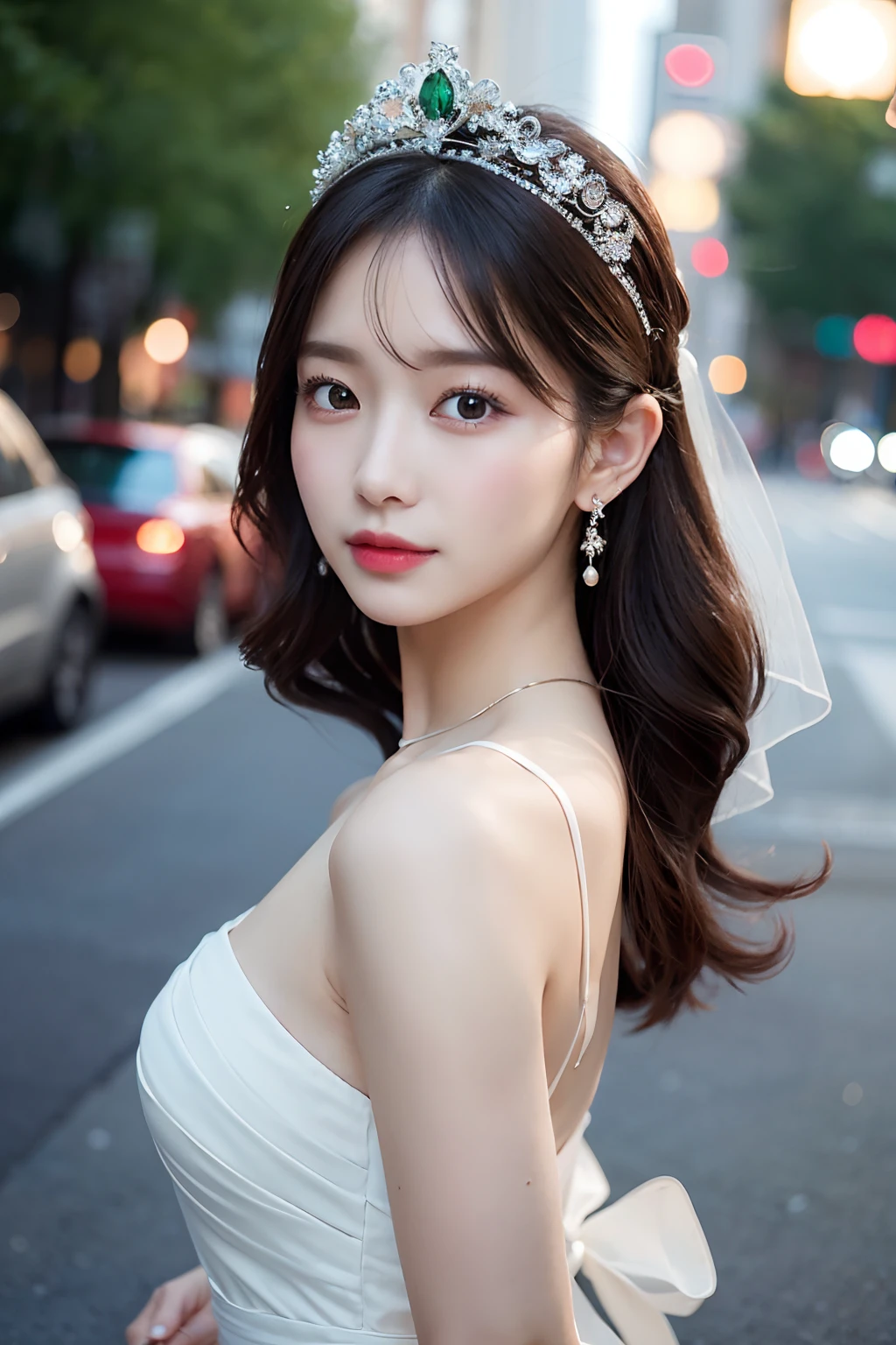 (top-quality、8K, yes、32K、tmasterpiece、hyper HD:1.2)、randome pose、(extremely delicate and beautiful work)、(tmasterpiece)、One girl、Highly Detailed Elegant Wedding Dresses、tiara crown、A highly detailed、fascinated expression、Beautiful and clear eyes、green pupils、delicate necklaces、Delicate earrings、Simple blur background、extreme detail description、Beautiful fece、A charming、Ultra-fine painting、delicated face、Delicate figure、thin clavicle、Beautiful lips、Soft back view、mix4、(8K、Raw photography、top-quality、tmasterpiece:1.2), (reallistic, Photorealsitic:1.37),1girl in,Cute,Cityscape, natta, Sateen, Moisturized, Professional Lighting, photon maping, Radio City, physically-based renderingt, above waist、