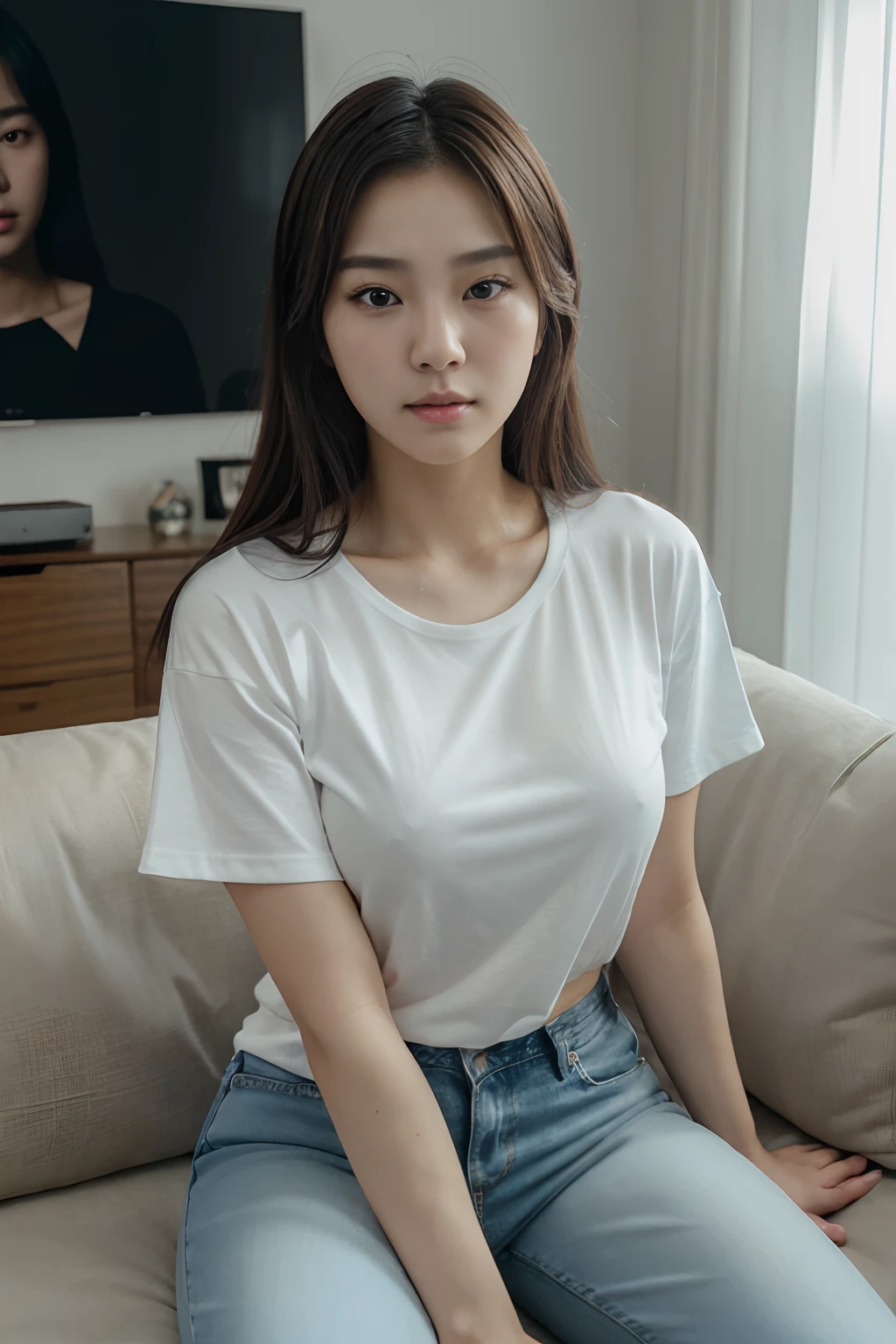 4k, high-res, best quality, (Korean idol), finely detailed skin, smooth face, sharp focus, (cinematic lighting), soft lighting, dynamic angle, [:(detailed face:1.2):0.3], A young Korean woman  relaxes at home in casual jeans and a T-shirt.