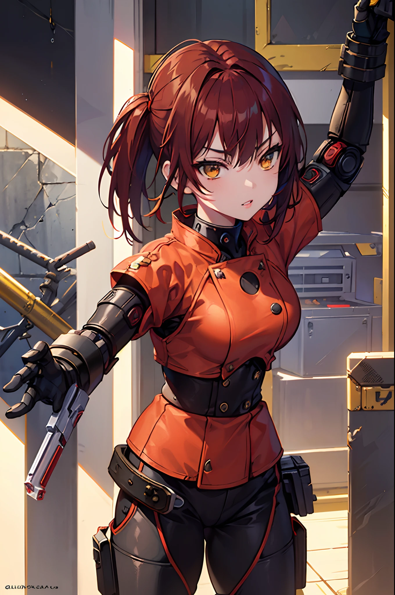 1girl, martial artist, fighting game character, fantasy sci-fi, waifu, robotic hand, gun hand, rust colored hair, golden eyes, plump lips, confident expression, badass, strong girl, expert.