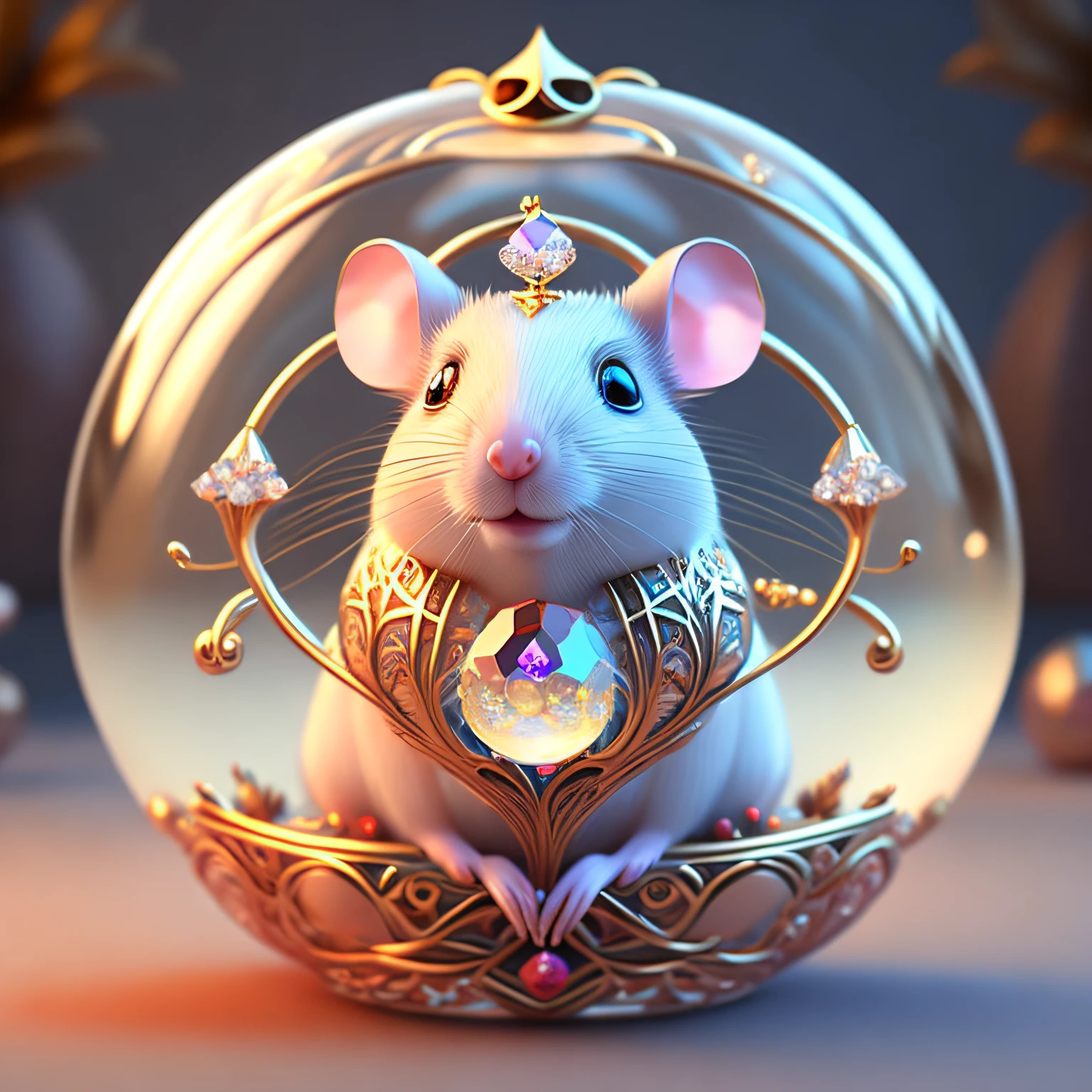 A cute crystal ball zodiac rat,The body is embellished with various jewelry ornaments,The eyes have a low-poly design,It is a highly detailed and complex conceptual art craft,Use Artstation 8k quality。