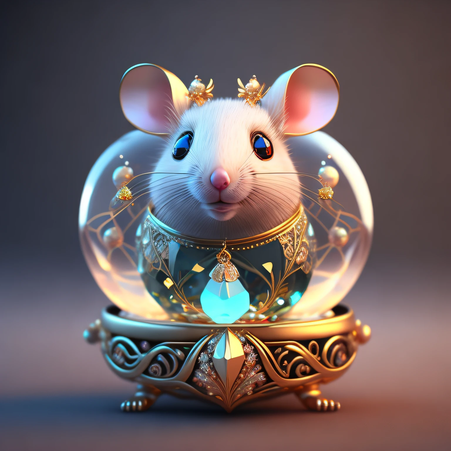 A cute crystal ball zodiac horse，The body is embellished with various jewelry ornaments，The eyes have a low-poly design，It is a highly detailed and complex conceptual art craft，Use Artstation 8k quality。