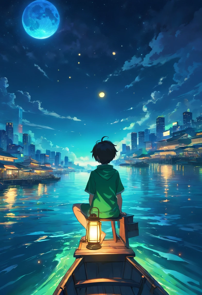 Vast night,the beautiful skyline,Vast sea,Intense and dramatic imagery,the moving visual effects,The bright moon hangs high,the colorful natural light。Little boy sitting on a lonely boat,Reaching out is a Chinese lamp,The green face is full of years,See the blue cyan Kong lanterns floating in the sky,The entire night sky is covered in blue cyan,Green Lantern Night Tour