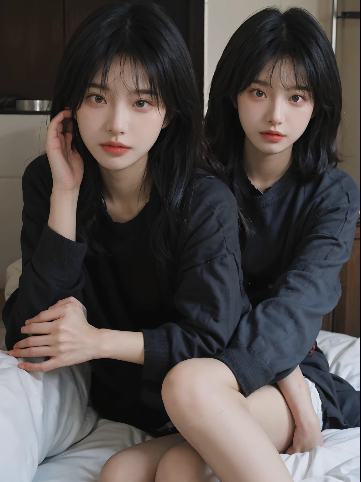 best qualtiy， 超高分辨率， （realisticlying：1.4）， A woman with long black hair and a gray sweater, 中景 the scene is, she has red hair，By bangs, young lovely Korean faces, wan adorable korean face, ulzzangs, Shin Jinying, beautiful aesthetic face, Korean face features, Played by Liu Lee Ji Eun ，Beautiful realistic face