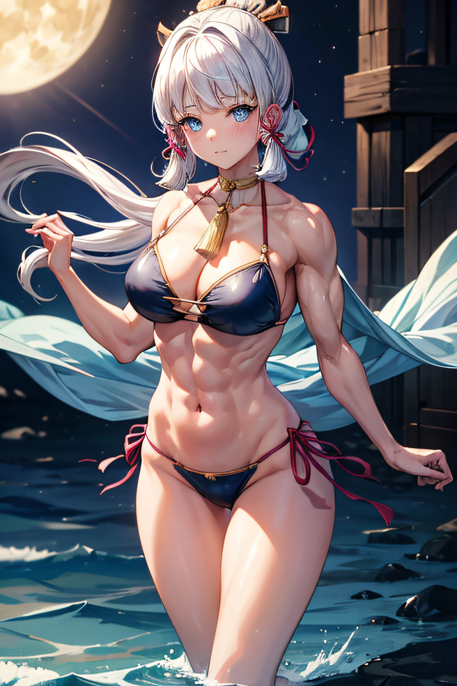 (((masterpiece))), 4k resolution, highly detailed, (((extremely detailed eyes))), detailed background, luminous lighting, crystal clear eyes, blue eyes, high quality, high resolution, ultra-detailed, 8k, best quality, (1girl), ground, shadow, backlight, light particles, thick filters, (((muscular thighs))), (masterpiece: 1.3), (best quality: 1.2), (super fine illustrations :1.2), (masterpiece), (masterpiece), high quality, high detail,(SOLO:1.4),((round image)), 1girl, (kamisato ayaka), smile, blush, closed mouth, thick , medium breasts, (((white hair))), on the beach at night with a starry sky and a full moon in the sky, from above, (muscular belly), (((in a very short bikini))), standing, barefoot, showing your ass to the camera