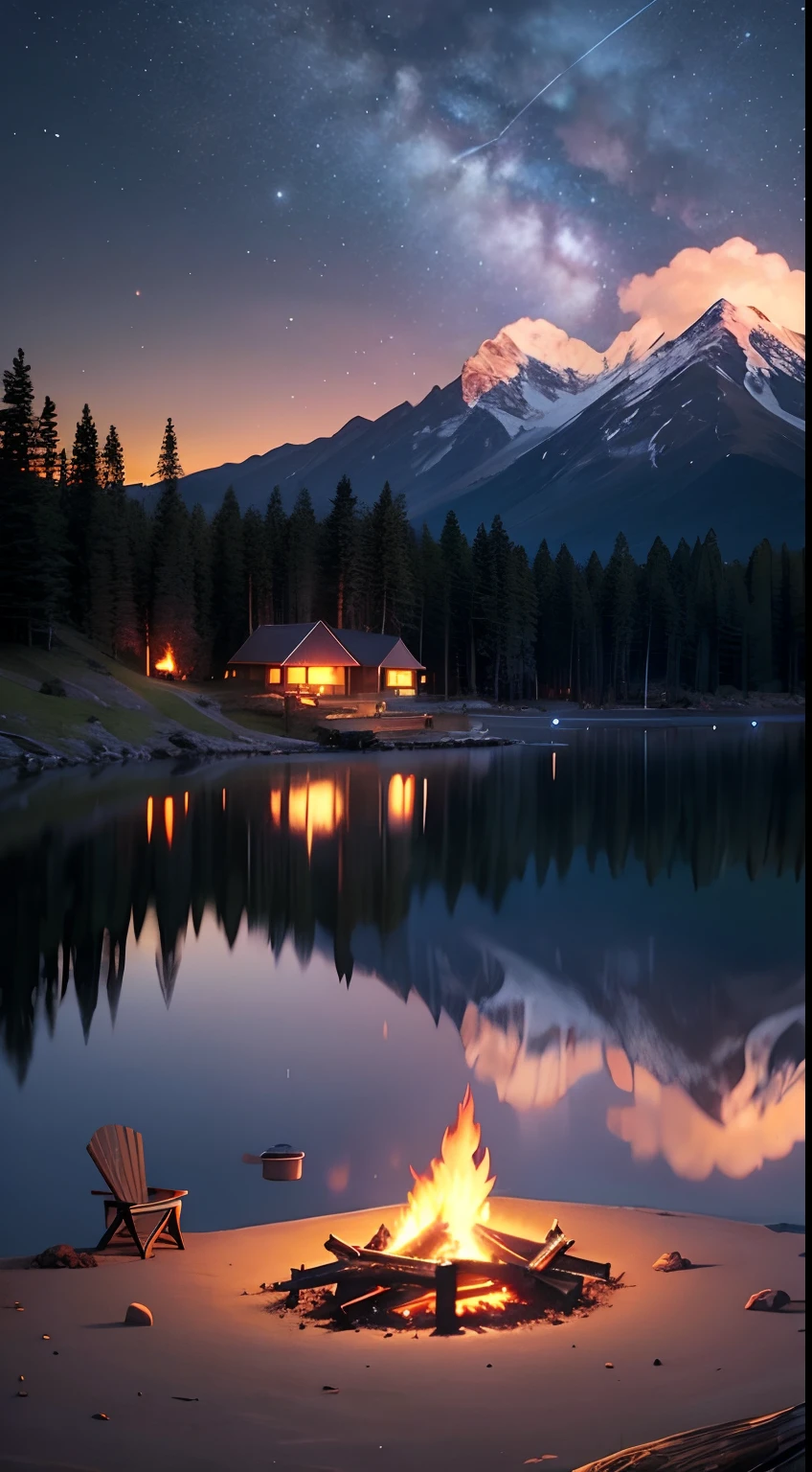campsite、teepee、Burning fire、Barbecue stove、Camping Chair、starrysky、Quiet place、beautful view、Lantern light、Nobody is there。