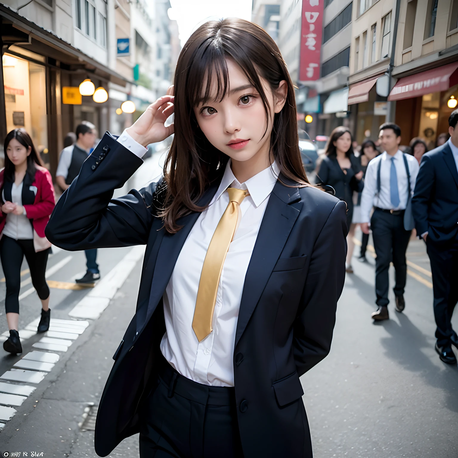 (masutepiece, Best Quality:1.2), 8K, Official art, Full body photo, full body Esbian、Emma fastening her tie.trouser、Cute smile、cute butt、A dark-haired、14years、small tits、A delightful、A smile、unbelievable Ridiculous, (Upper body, Dark blue suit:Cute Tie 1.4), Beautiful Girl, Pretty Face, arching back down, cute butt、Gold hair ornament on hair、Wearing a cute suit、Decide on a pose、raise two hands、close up, Wearing a suit, Short sleeve, gardenia, violaceaess, Teen, Street, Looking at Viewer, Film grain, chromatic abberation, Sharp Focus, face lights, Dynamic lighting, Cinematic lighting, Eyes and faces with detailed, Bokeh background, (Tie with Emma written on it、1 copy:1.2)