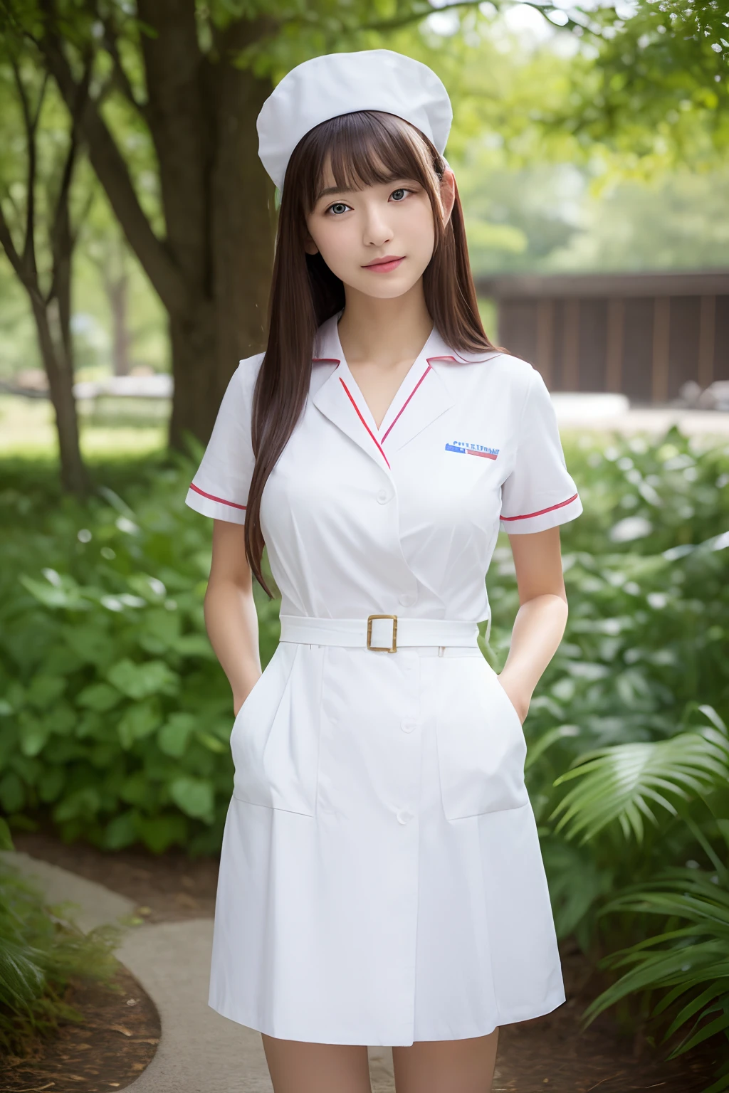 (full body:1.5), (1girl:1.3), (view the viewer:1.4), (anatomy correct:1.4), sitting on the grass, (wearing a nurse set:1.2), (accurate and perfect face:1.3), high detail, lighten shade contrast, face lighting, cinematic lighting, garden.