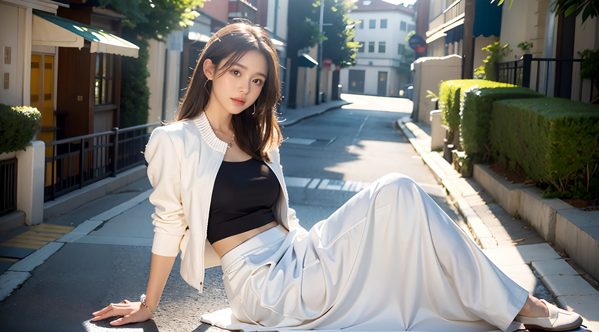 White jacket、White long skirt、Brown hair
