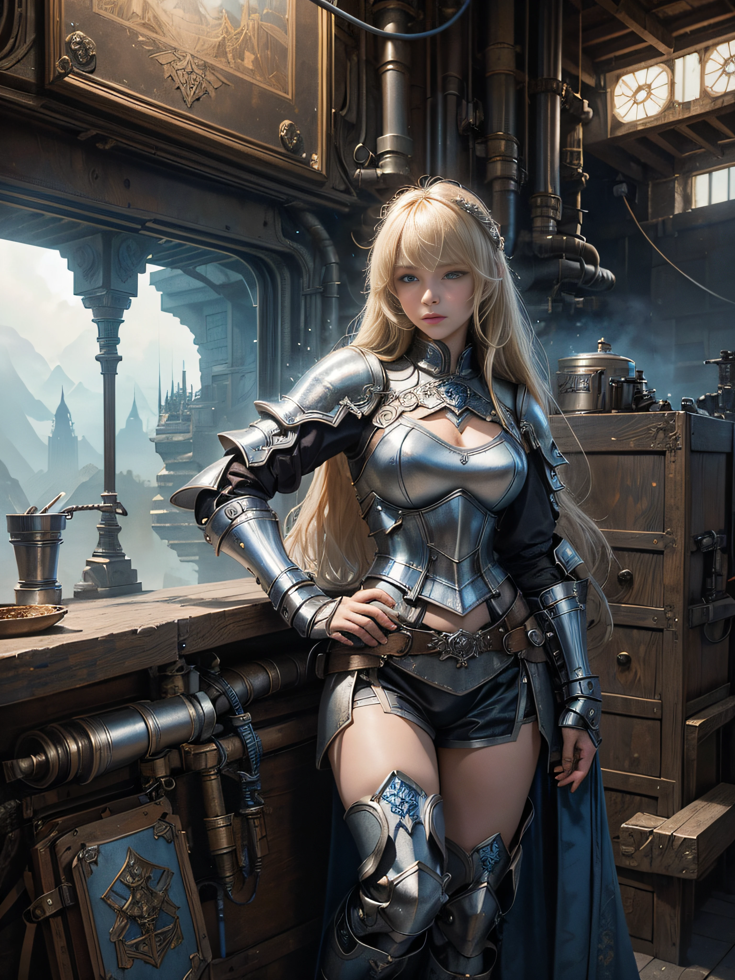 Full-body shot fantasy image of a 15th-century girl in dieselpunk knight armor, with blonde long hair, blue eyes, and white ultra-detailed leather texture. Gears, pipes, cables, and very intricate small details in faded brownish colors. Photorealistic, cinematic, with fog, smoke, and haze Expansive landscapes