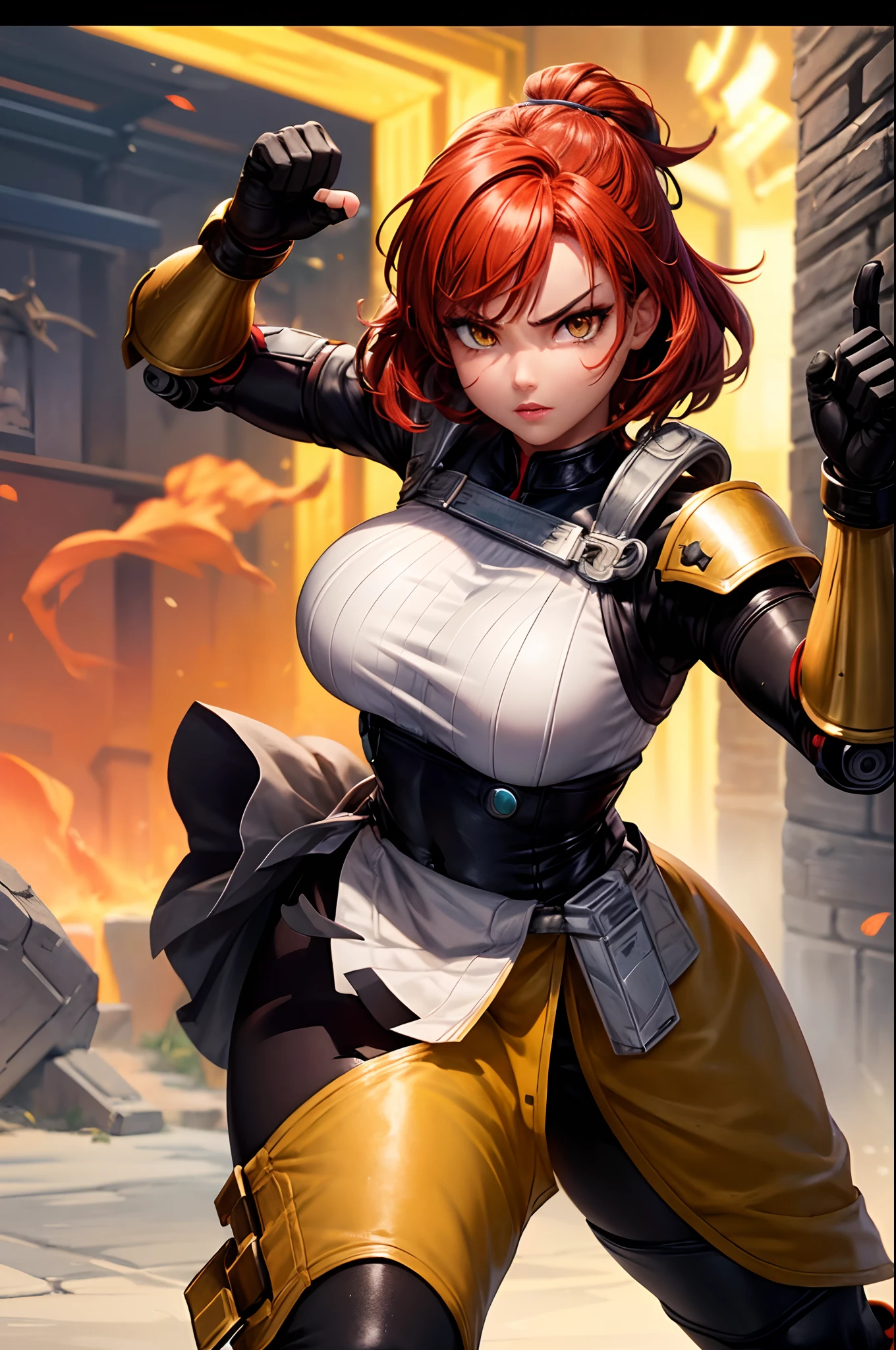 1girl, martial artist, fighting game character, fantasy sci-fi, waifu, robotic hand, gun hand, rust colored hair, golden eyes, plump lips, confident expression, badass, strong girl, expert.