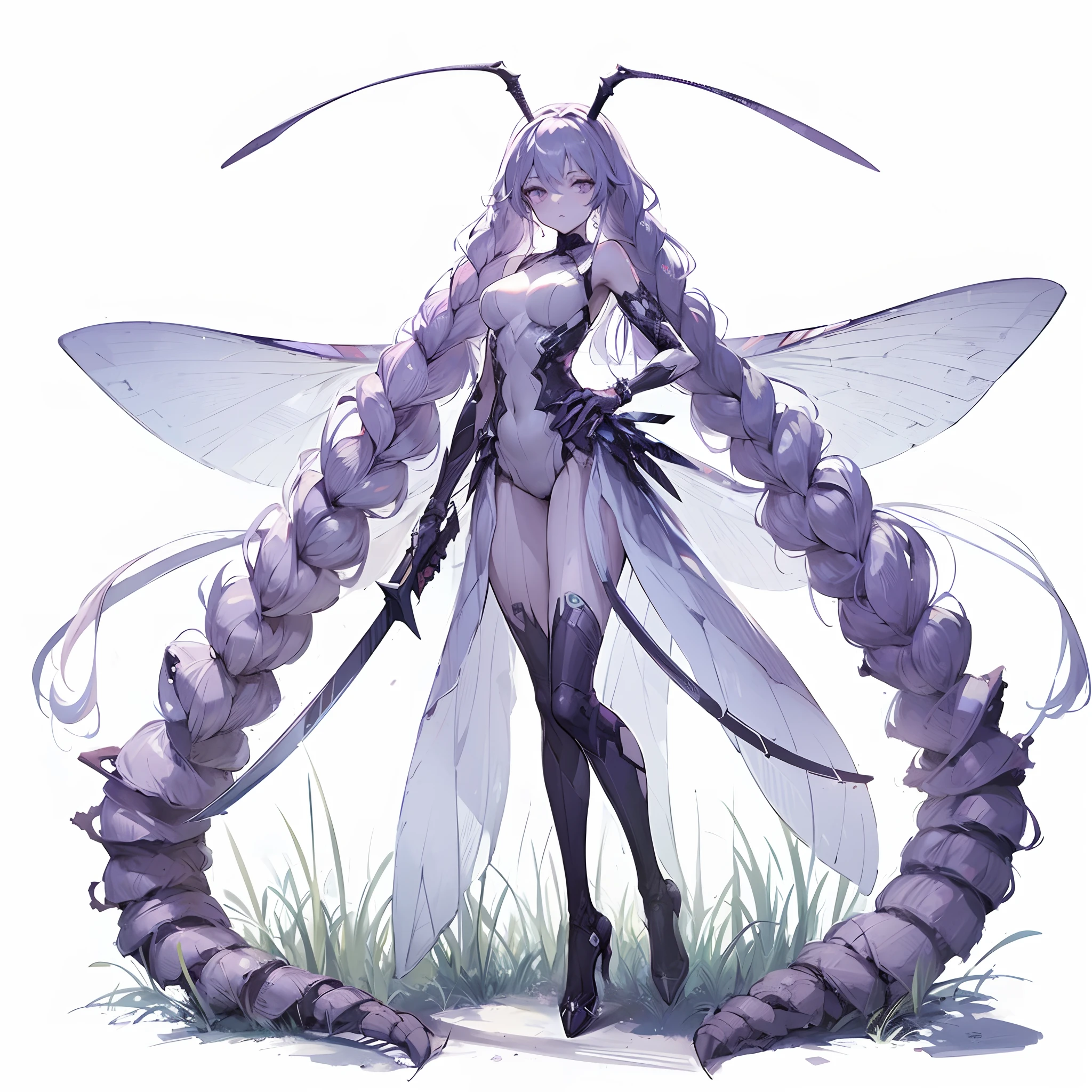 (masterpiece, Best Quality), (Perfect athlete body:1.2), (detailed hairs), Ultra-detailed, Anime style, Full body, solo, cyber punk assassin girl, pale purple-skin and blue hair, insect external features, long braided twin-tale hair, dagger in each hand, Deep-sea vessels, standing by a grass, beautiful and terrible, high-heeled boots, digital painting, 8k high resolution, trending art station, white background, whole body,