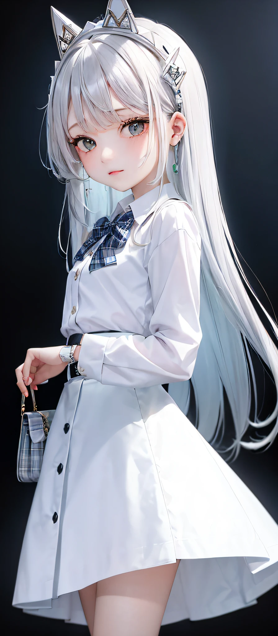 1girl, (masterpiece:1.1), (best quality:1.1), (white blouse:1.1), (checkered skirt:1.1), school uniform, high-waist skirt, BREAK [blue:pink:0.5] theme, (gradient background:1.1), cowboy shot, BREAK silver hair, long hair, , green eyes, intricate detailed tiara, looking to the side,
