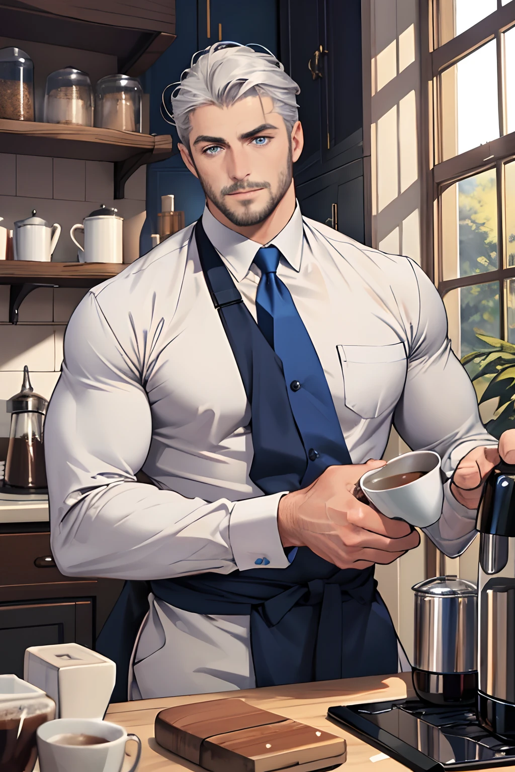realistic, (best quality, masterpiece:1.3), finely detailed eyes and detailed face, coffee machine, kitchen, solo mature male, tall muscular guy, silver hair, blue eyes, silver facial hair,