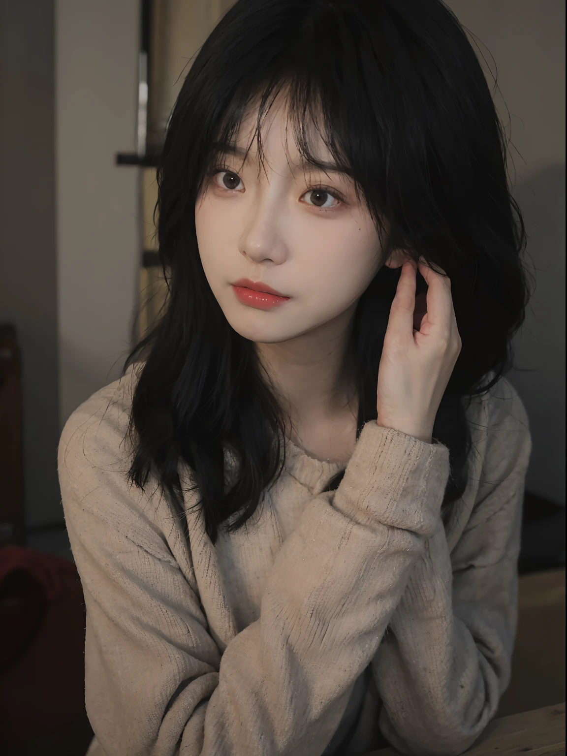 best qualtiy, 超高分辨率, (realisticlying:1.4), A woman with long black hair and a gray sweater, 中景 the scene is, She has black hair,By bangs, young lovely Korean faces, wan adorable korean face, ulzzangs, Shin Jinying, beautiful aesthetic face, Korean face features, Played by Liu Lee Ji Eun ,Beautiful realistic face
