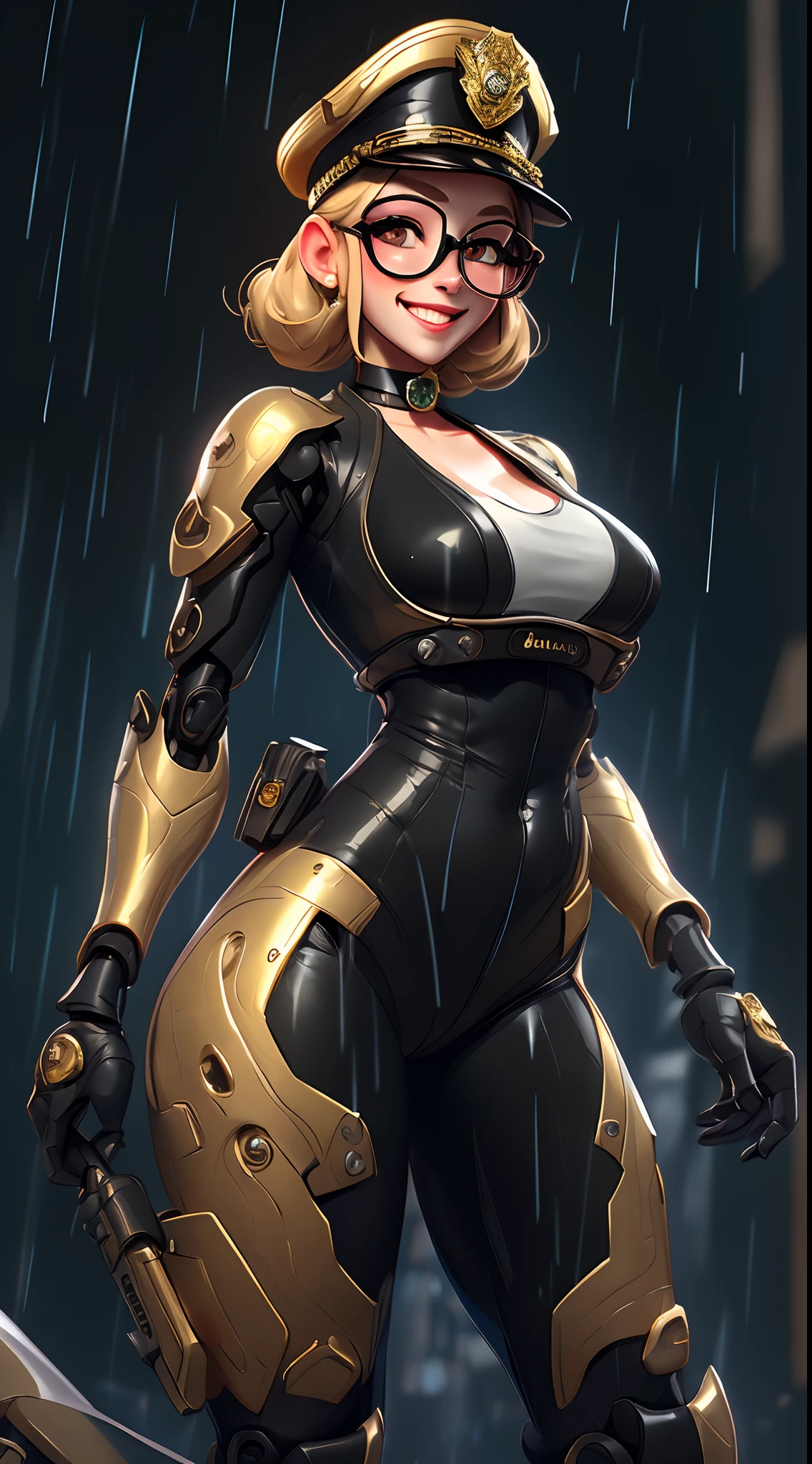 A fantz monster design, Cute police robot [style-rustmagic]，Policewoman robot ，Half-human, tmasterpiece，（tmasterpiece，top-quality，best qualityer），cabellos largos dorados，独奏，（Police 1.6），wear police cap，Police badge，black-frame glasses，police cars，（Police motorcycles），grinning smile，a black choker，collars，Laser cloth，Sexy bikini，gold foil，Gold leaf art，glitter drawing，Correct anatomy，Detailed face, Detailed eyes，Chest exposed，Background with：futuristic cities，exteriors，very heavy rain，guns，