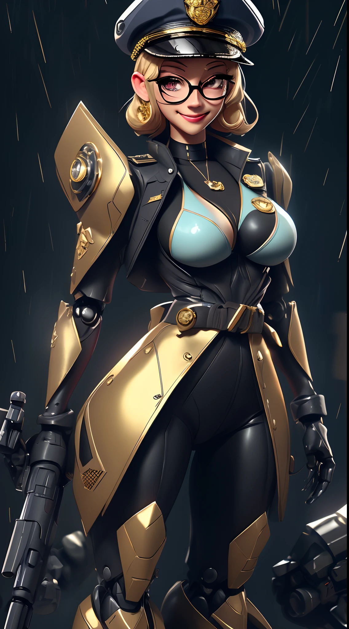 A fantz monster design, Cute police robot [style-rustmagic]，Policewoman robot ，Half-human, tmasterpiece，（tmasterpiece，top-quality，best qualityer），cabellos largos dorados，独奏，（Police 1.6），wear police cap，Police badge，black-frame glasses，police cars，（Police motorcycles），grinning smile，a black choker，collars，Laser cloth，Sexy bikini，gold foil，Gold leaf art，glitter drawing，Correct anatomy，Detailed face, Detailed eyes，Chest exposed，Background with：futuristic cities，exteriors，very heavy rain，guns，