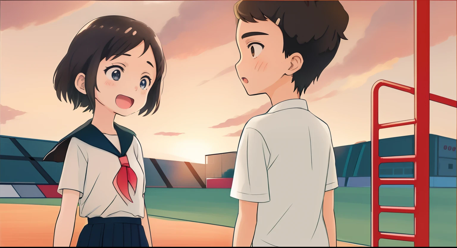 Anime picture of a boy and a girl standing in front of a baseball field, inspired by Kubisi art, offcial art, Official illustration, Sunset!, in the style of makoto shinkai, watching the sunset. anime, author：New Art, style in ghibli anime style, Loish e Goro Fujita, by Kubisi art, Digital anime illustration，Picture books，KIDS ILLUSTRATION，