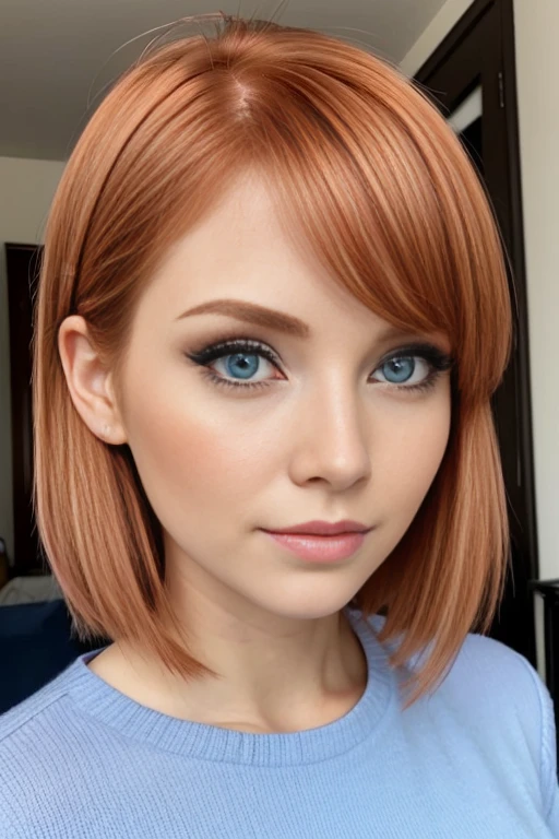 Petite 30 year old girl with short strawberry blonde hair and striking blue eyes wearing eye liner, pink lips