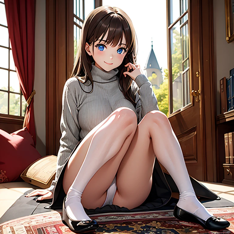 1 girl, brown hair, blue eyes, grey turtleneck, shirt, ballerina flat shoes, smile, study, mansion, amazing scenery, books, intricate detail, beutiful lighting, amazing decorations, masterpiece