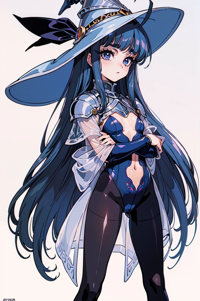 "(masterpiece:1.1), best quality,
1girl, (80s anime style:1.4), (eyelashes:1.5),
(intricate high detailed body:1.2),
blue hair,
(forehead:1.2), short blunt bangs, (long hair:1.1), (witch hat:1.2),
purple eyes, (red lip stick:1.1),
(small breasts, flat chest:1.1),
expressionless,
(see-through cloth body suit armor, navel cutout, tattoo:1.2), (pantyhose:1.3),
(knight armor, armored boots:1.2), (ribbon:1.1), (ahoge:1.2), neckwear,
standing, crossed arms,
(cowboy shot:1.1), shoot from front,
(simple white background:1.2)"