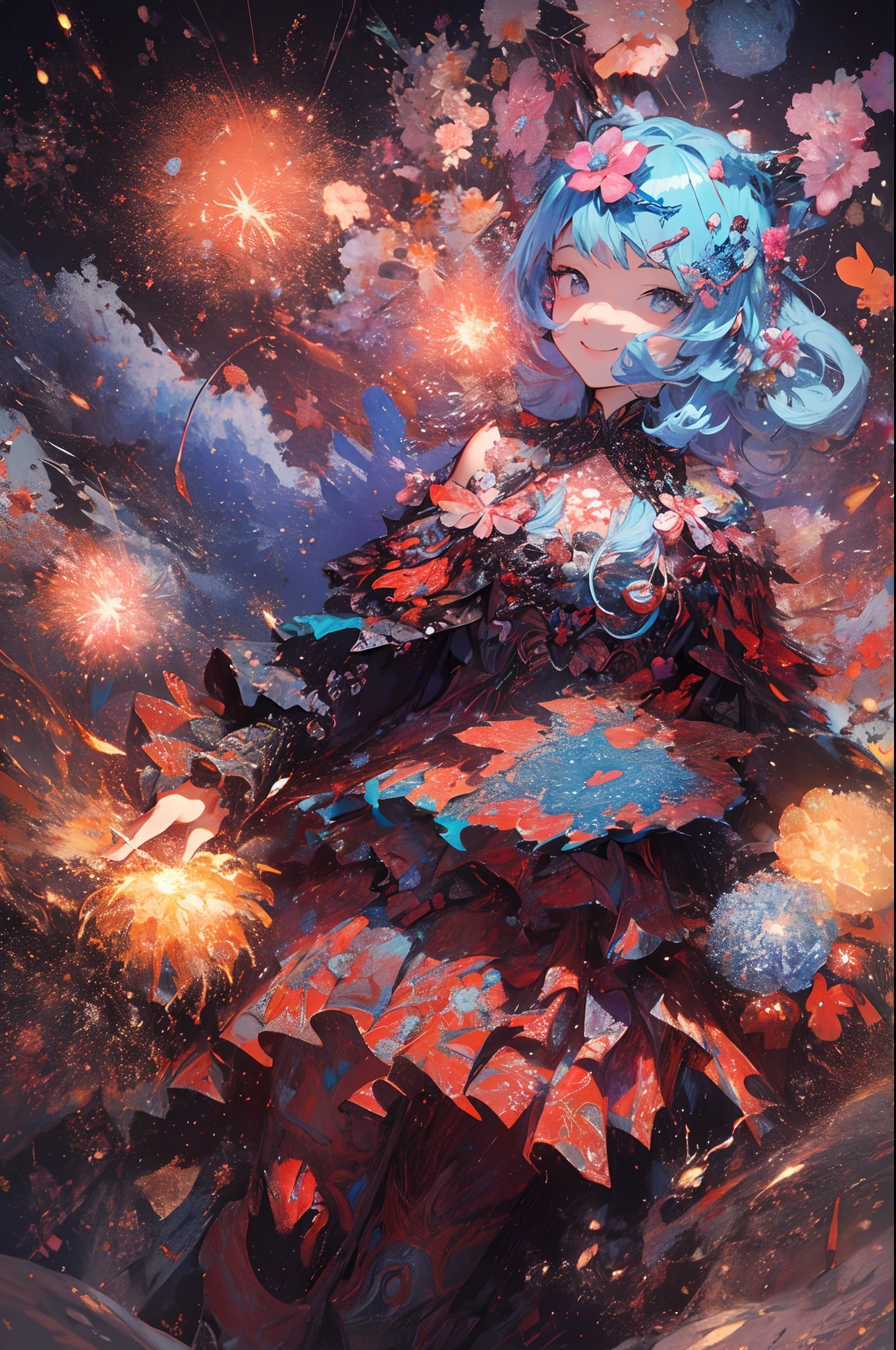 ((Fireworks display seen from space)),Fireworks are the main composition,Fireworks display beyond imagination,innocent smiles、eye glass、Never seen、Seven colors,(1girl in, Solo:1.6),(Cute smile),(Clothes are simple), (Best Impact:1.5), (maximalism:1.7), Vivid contrast, (Realistic), hyperrealistic illustrations, hight resolution, ultra-detailliert, absurderes,(Fractal Art:1.3)、Random hairstyle、Random hair color colorful、FULL BODYSHOT、Retro、Precise focus、randome pose、cinema4d、Drama