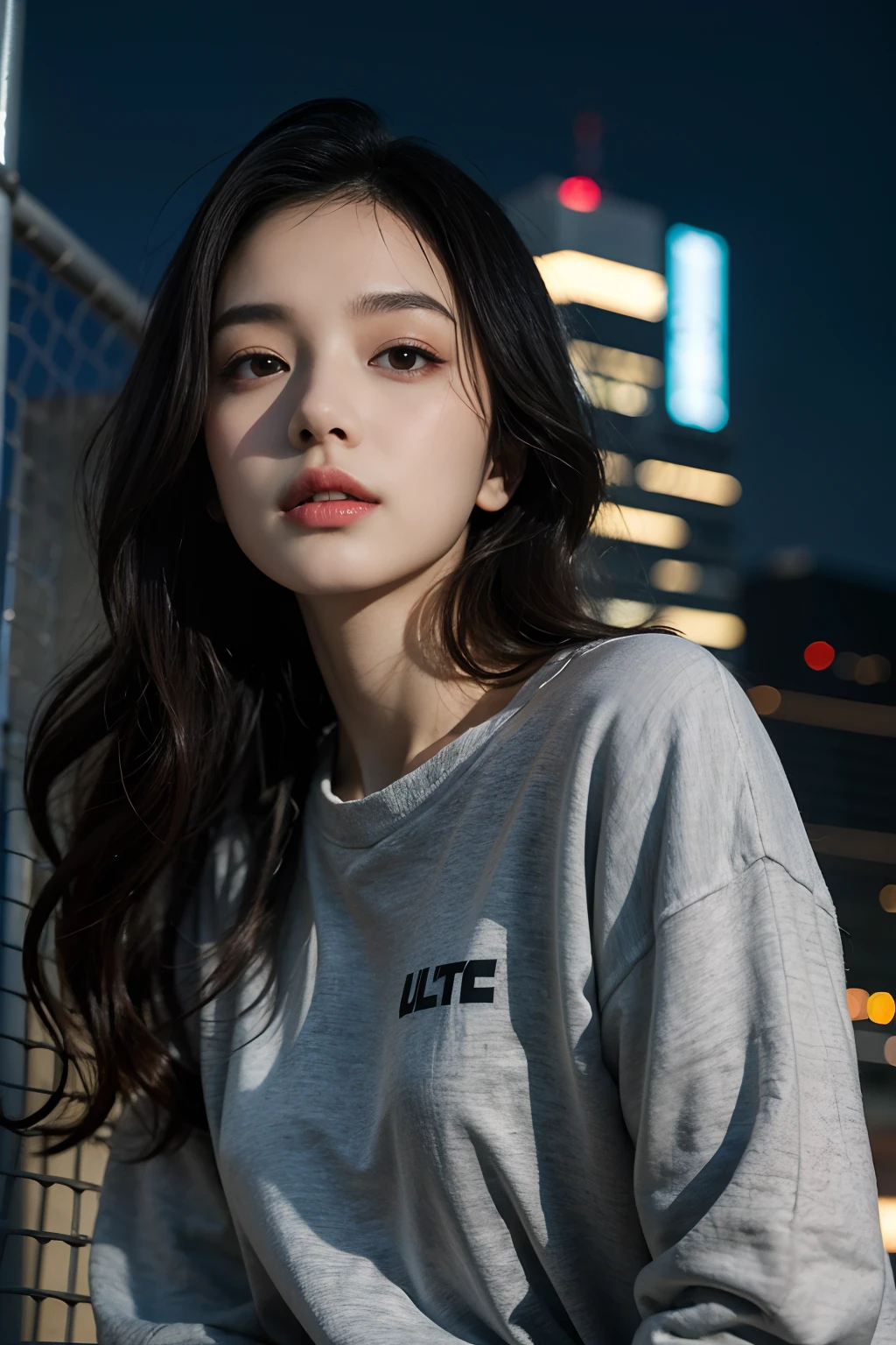 1girl, beautiful, wavy hair, almond eyes, no make up, grey sweatshirt, oversize_shirt, in front of fence, night city, cyberpunk vibes, close up, (from below:1.2), (photorealistic:1.2), (ultra realistic:1.3), (very detailed:1.1), ((masterpiece)),