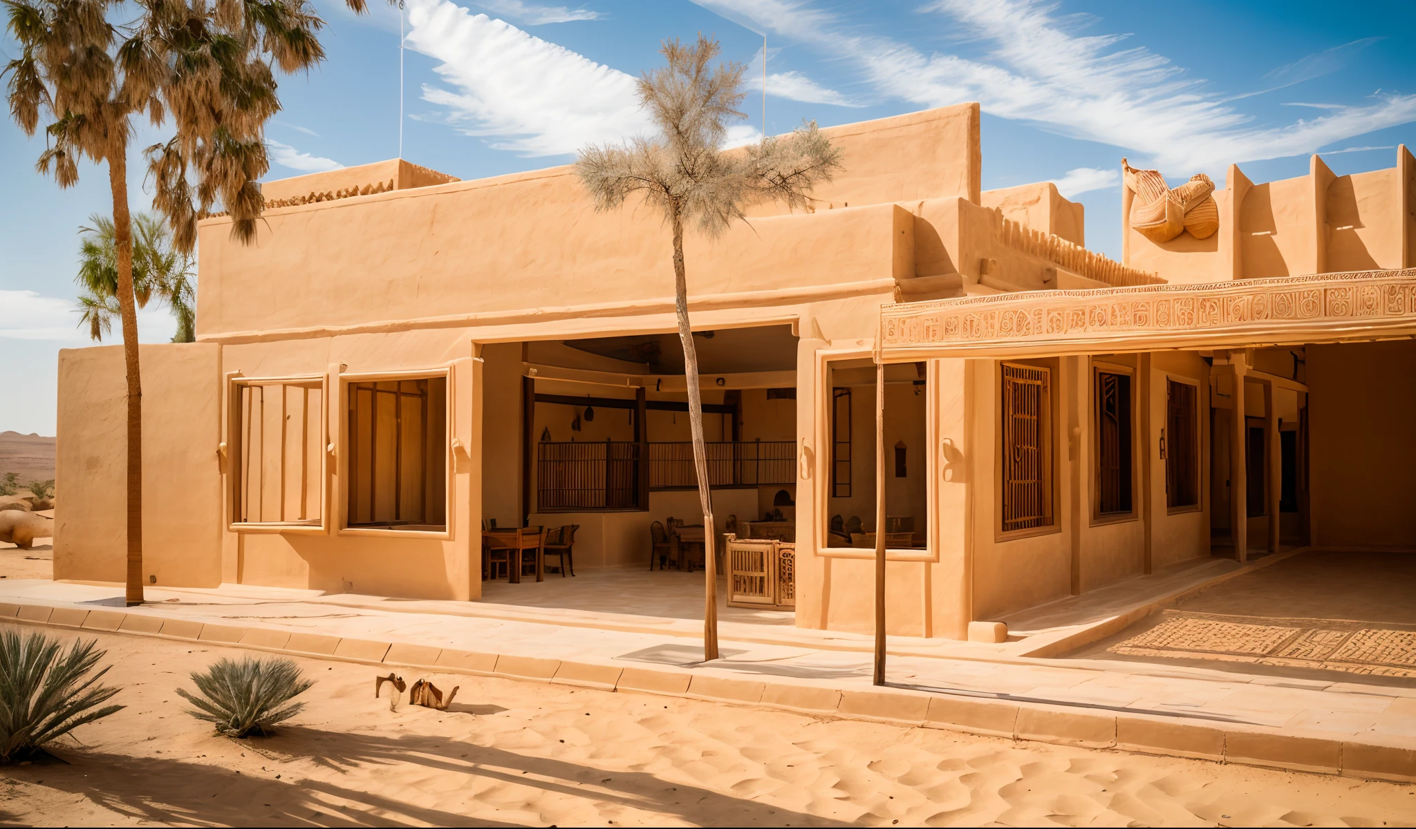 RAW photo,Masterpiece, high quality, best quality, authentic, super detail,
exterior, outdoors, Middle Eastern architecture, Arabic, desert, sandy, camels, cacti, dry, with white wall, glass windows, wooden ceiling, decorative brick array, fence gate, trees, road, beautiful summer sky