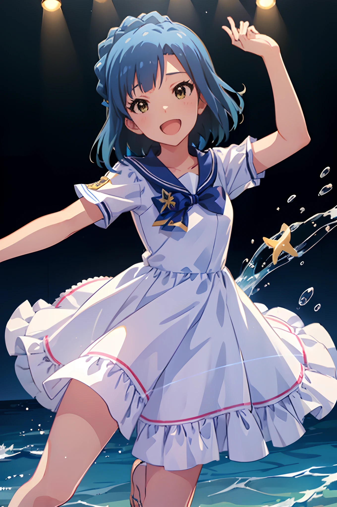 yuriko nanao (million live), 1 girl, Solo, Cute Girl, Best Quality, Ultra-detailed, 8K, High resolution, Detailed face, cinematic angle, Bob Hair, Smile, :D, Opened mouth, idol costume, (((sailor collared dress))), white dress, short sleeves, small hat, (((shiny sky, summer, beach, resort,)))