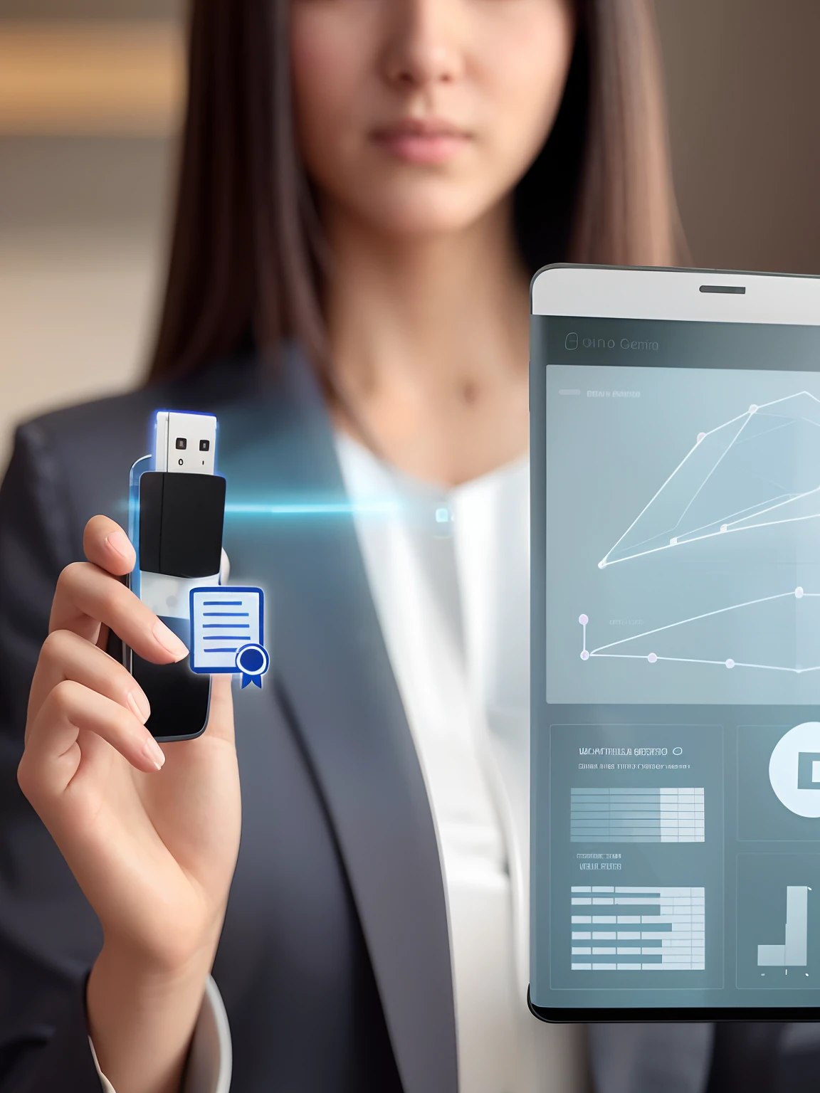 Woman holding a cell phone with a graphics screen on it, Toma el control de tus datos, she is holding a smartphone, integrating with technology, Avatar de sus datos personales, Scanning items with your smartphone, Computadora de mano, Holds a smartphone in one hand, Retrato ancho, por Julian Allen, high resolusion, Conectividad, por Wayne England, high-tech devices