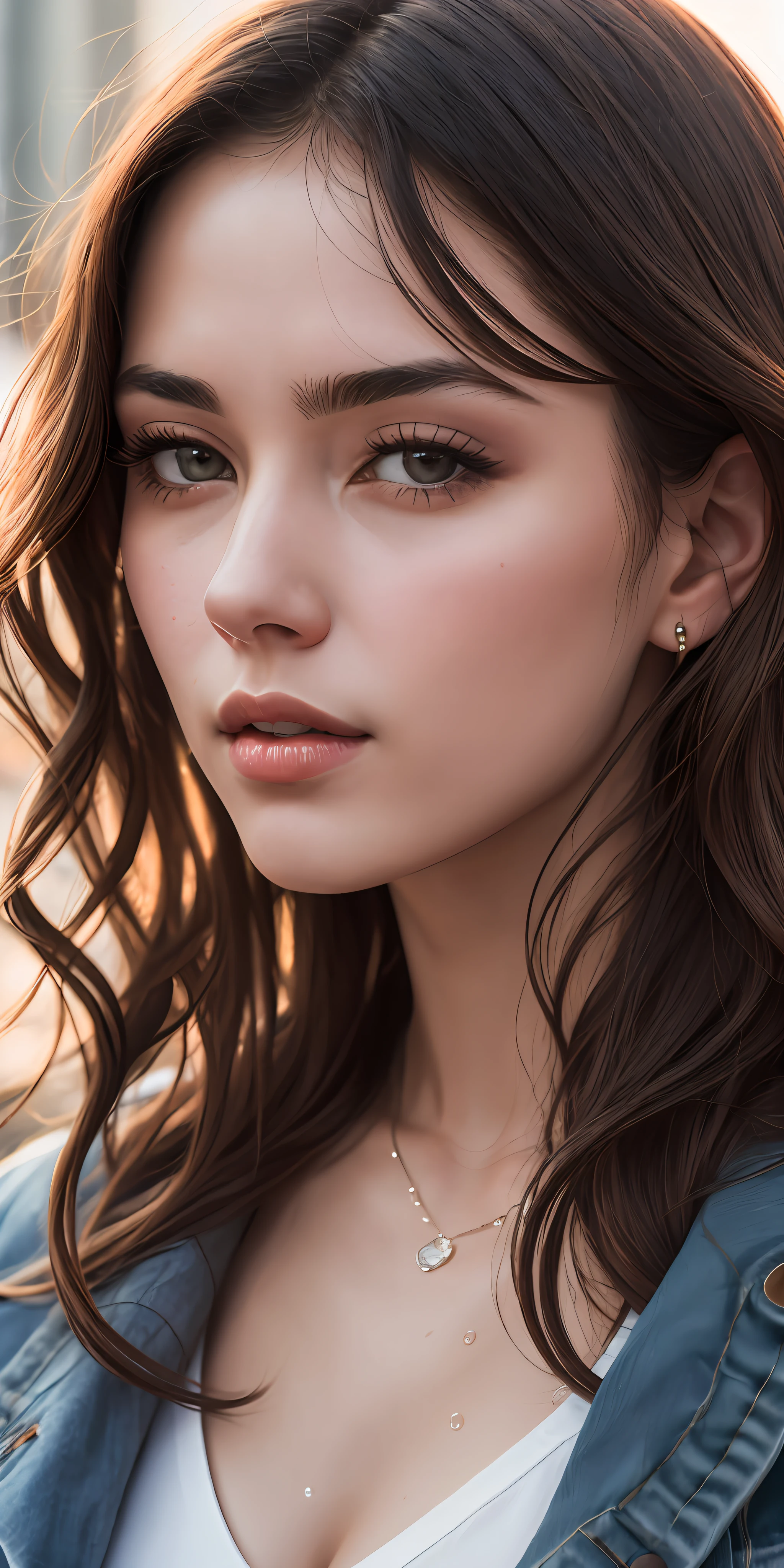 Photo of 25 year old European girl, RAW, beautiful woman, (brown hair with extra long wavy), ((portrait)), (Detailed face: 1.2)), (Detailed facial features)), (Fine skin), pale skin, high detail and casual dress, slim body, megacity environment, (cold color), wet, moist, reflection, (masterpiece) ( Perfect proportions) (realistic photos) (highest quality) (detail) shot with Canon EOS R5, 50mm lens, f/2.8, HDR, (8k) (wallpaper) (movie lighting) (dramatic lighting) (sharp focus) (complex) fashion
