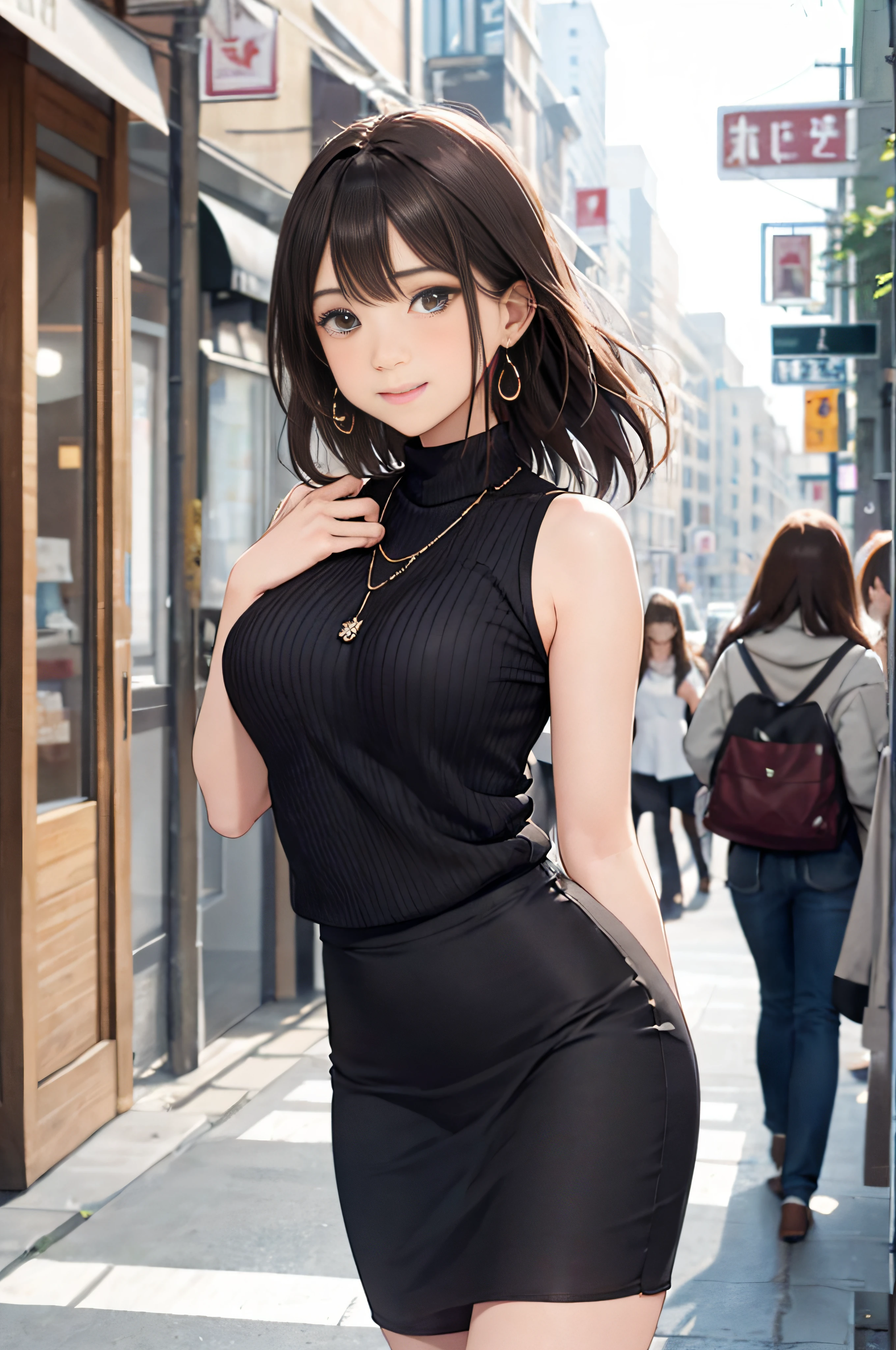 (Light Beige Turtleneck Sleeveless Knit)、pencil skirts、20 year old girl, breasts of medium size,, Puffy nipple、strong emphasis on the chest、Pinch your chest with your arms、brown haired、Long Wave Hair,in the city street, a necklace、Earring、knee high stockings、high-heels ((Very detailed)), Shy smile、Kamimei、(Perfectly detailed face), (Well detailed hands) Photorealistic images、full body seen、emphasis on the buttocks
