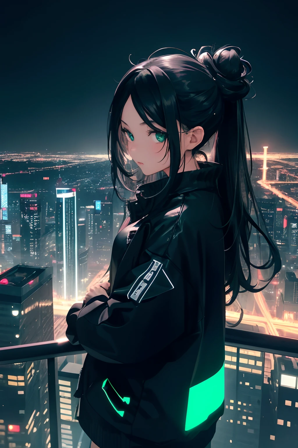 Very cute girl, Dark color effect, Full body, Virtual Worlds,  A girl with her hair tied in two overlooking the city from a high-rise building, Cyberpunk, Future, Metaverse, Parallel Universe, Particle mechanics, neons, Night view, Long hair in two buns, The black hair of his whole body reveals his forehead, Dynamic Pose, Green eyes,