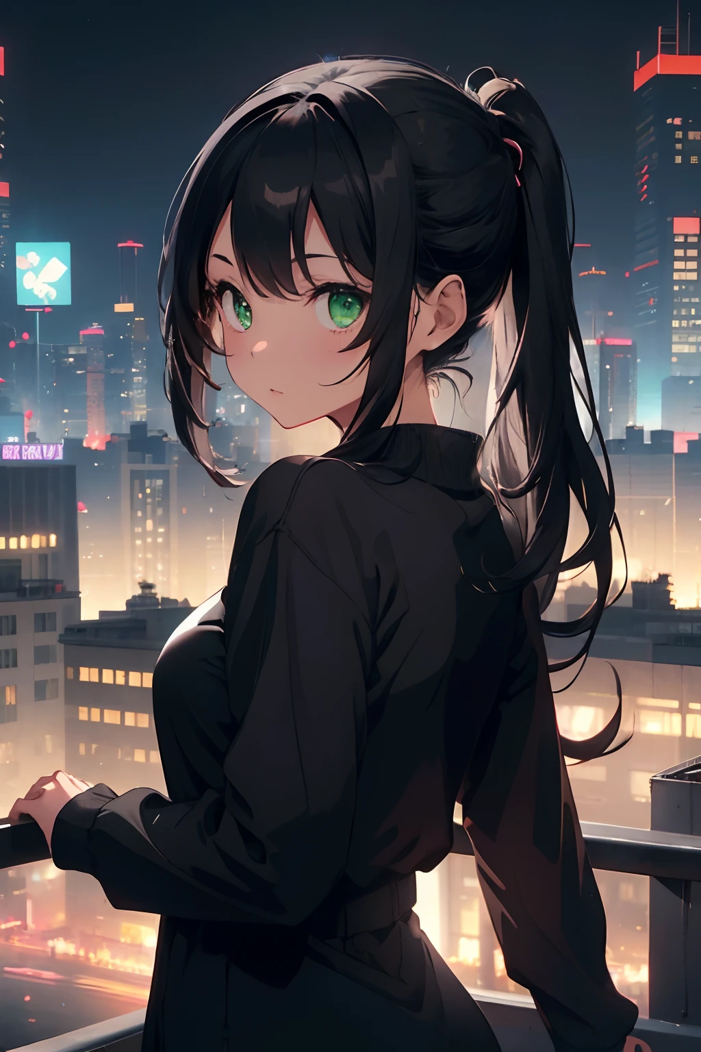 Very cute girl, Dark color effect, Full body, Virtual Worlds, A girl with her hair tied in two overlooking the city from a high-rise building, Cyberpunk, Future, Metaverse, Parallel Universe, Particle mechanics, neons, Night view, Long hair in two buns, Black hair all over the body shows the forehead, Dynamic Pose, Green eyes,