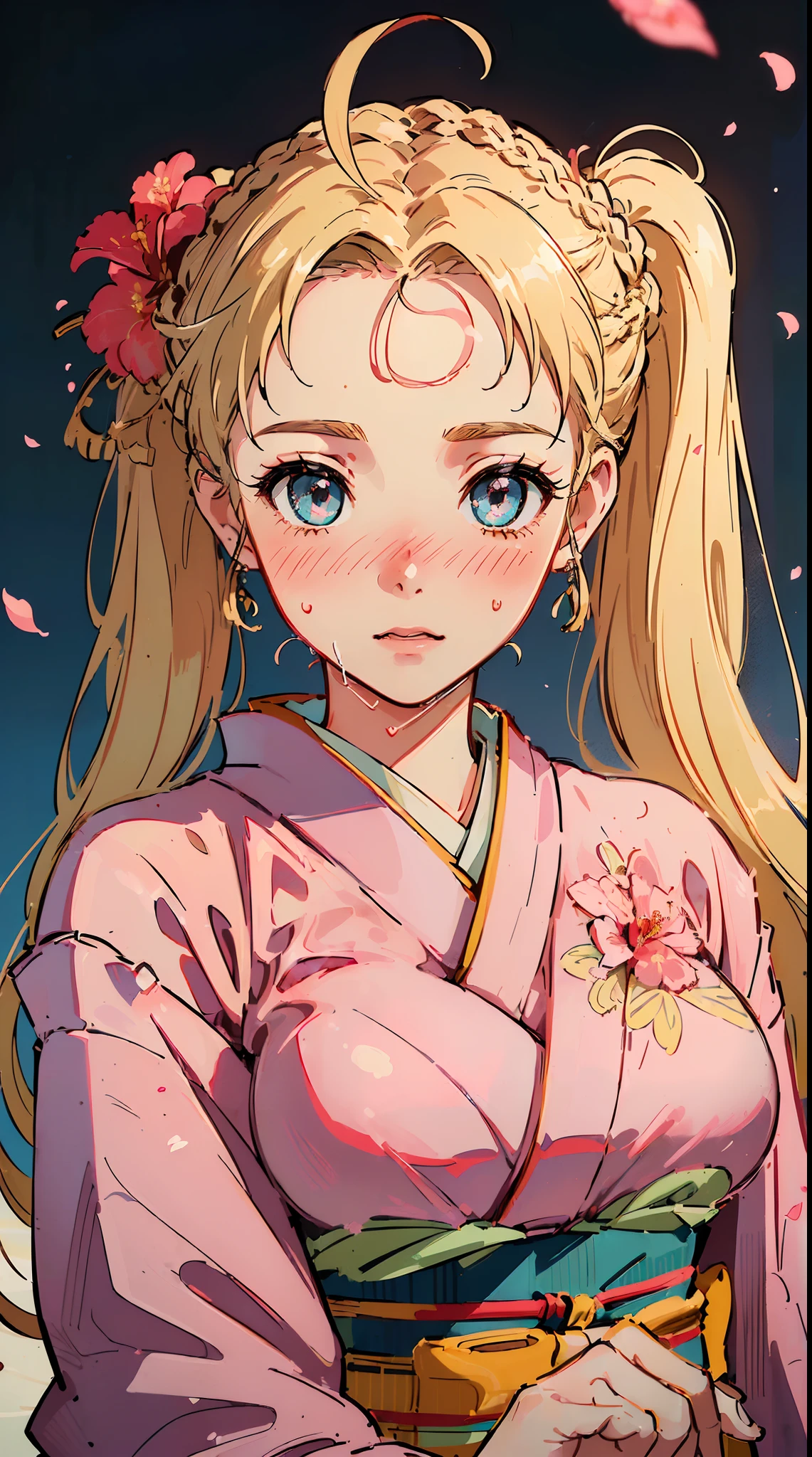 (((((((Blushing,cute cheeks,blonde hair，large wedding kimono with flower))))))，((1girl,Solo,Amazing,Cute Korean mixed-race girl，rosto magro,))(Masterpiece,Best quality, offcial art, Beautiful and aesthetic:1.2),((HD,Golden ratio,)) (16k),((sakura petals,snow pieces)),(Physically-based rendering),((((on a desert,oasis,)))) (((highdetailskin,)))，((Hibiscus face)),((((detailed hairs|middle hair|french braid|forehead|soaked hair|twintail|ahoge)))),Slender,thicc,(masterpiece sidelighting),(The sheen),(Beautiful hair,Beautiful eyes,）[[Delicate fingers and hands:0.55]::0.85],(Detail fingers),(((Superior quality,)))),((unbelievable Ridiculous quality,)),((extremely_Detailed_Eyes_and_face)),Movie girl,(Dynamic configuration: 1.2),Brilliant, (Photorealistic), ((pink ribbon on hair)),Ultra-precise depiction, Ultra-detailed depiction