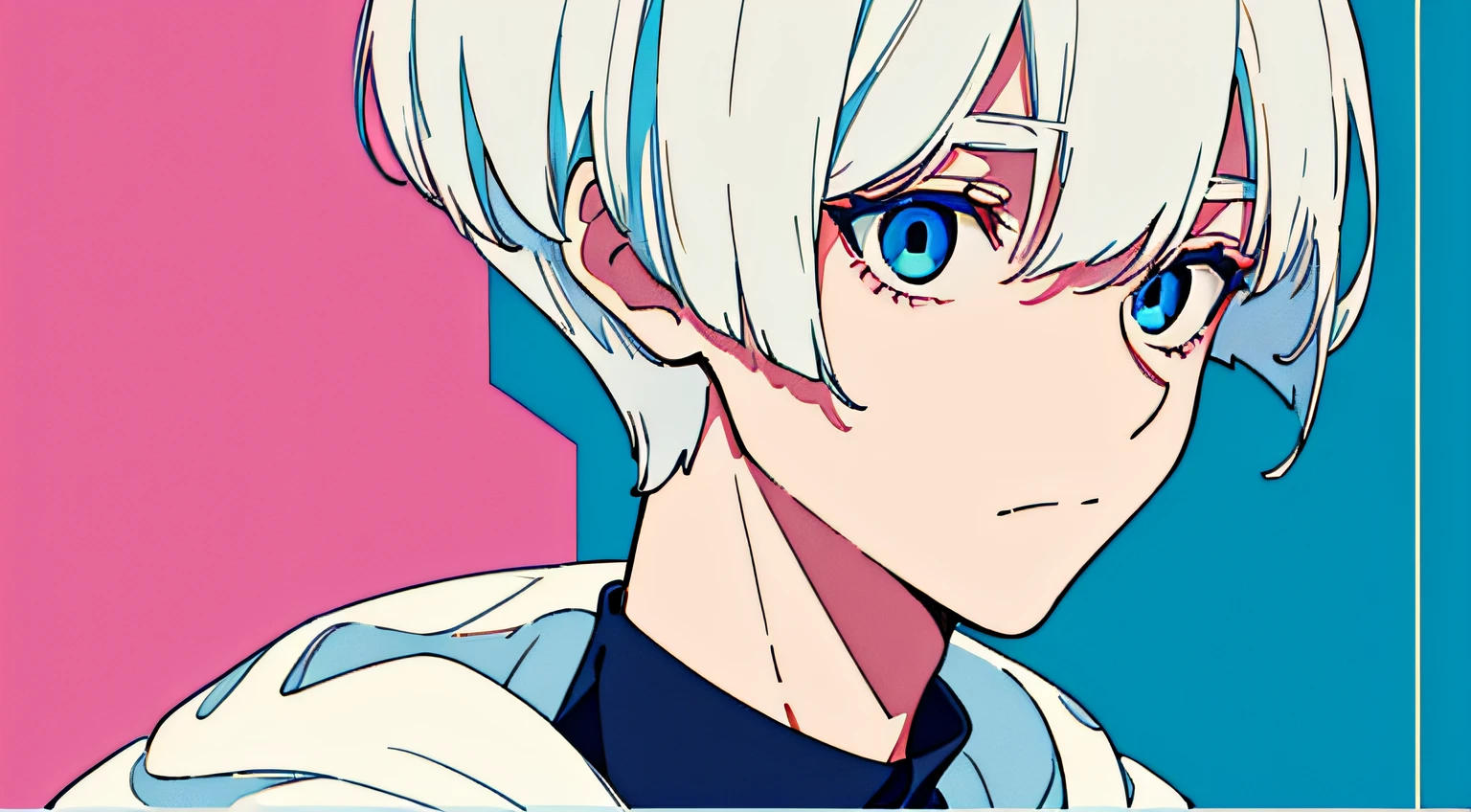 1 boy, solo, a young man, from the front, front facing, close-up, white hair, simple color, tracksuit wearing, jig eyes, white hair, a cool boy, mouth is hidden by clothes, blue eyes, bob cut, flat color style, retro pop, blue and pink only