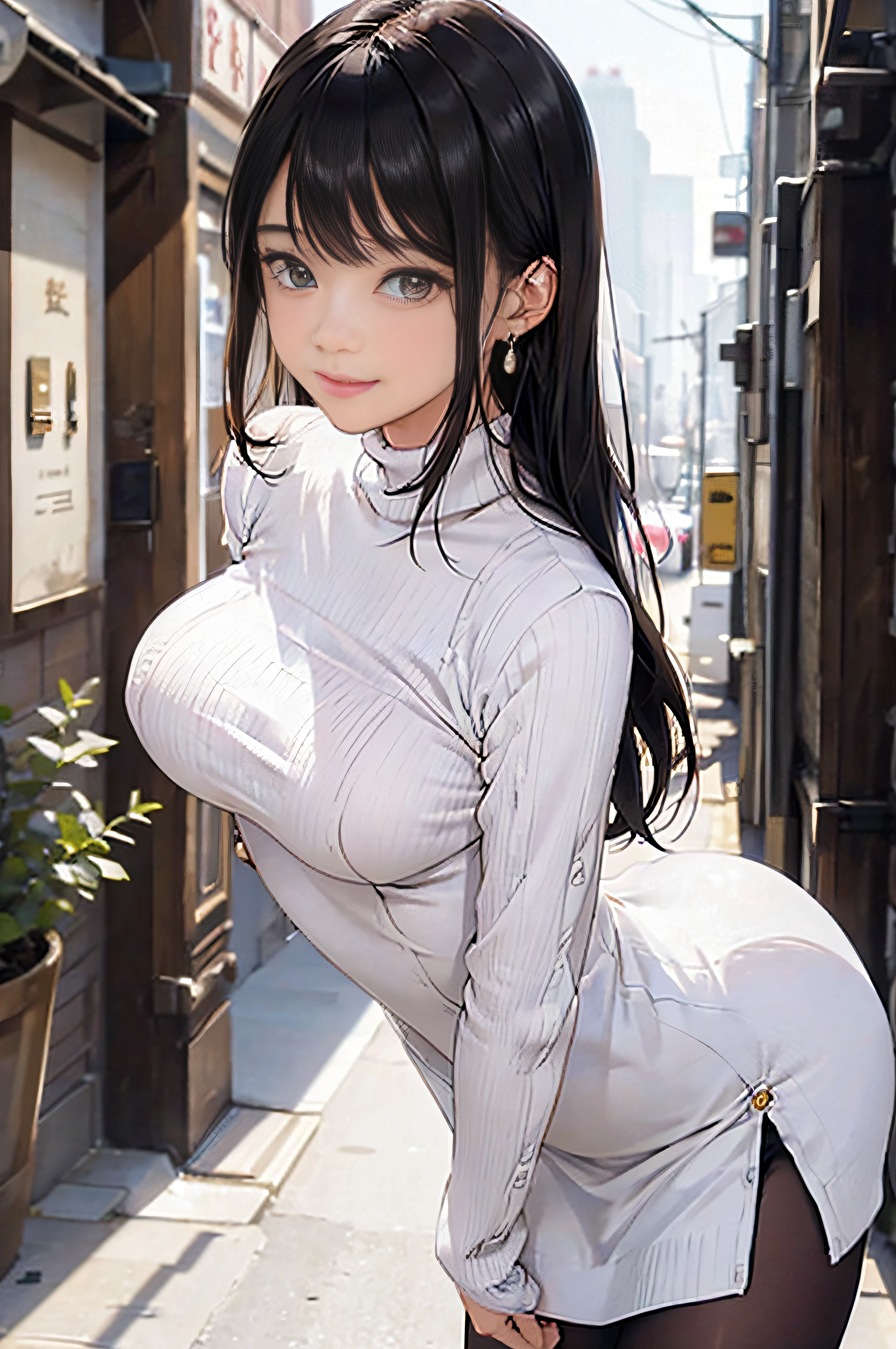 (White Sleeve Breasted Turtleneck Knit)、pencil skirts、20 year old girl, breasts of medium size,, Puffy nipple、Forward bends with emphasis on the chest、Black hair、Long Wave Hair,in the city street, a necklace、Earring、knee high stockings、high-heels ((Very detailed)), Shy smile、Kamimei、(Perfectly detailed face), (Well detailed hands) Photorealistic images、full body seen、emphasis on the buttocks