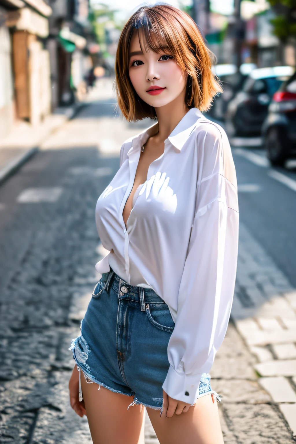 (Best quality, 8k, 32k, Masterpiece, UHD:1.2)Photo of a cute taiwan woman、short hair、oversized shirt,challenging face,Full body,Sunlight,Showcasing cleavage,