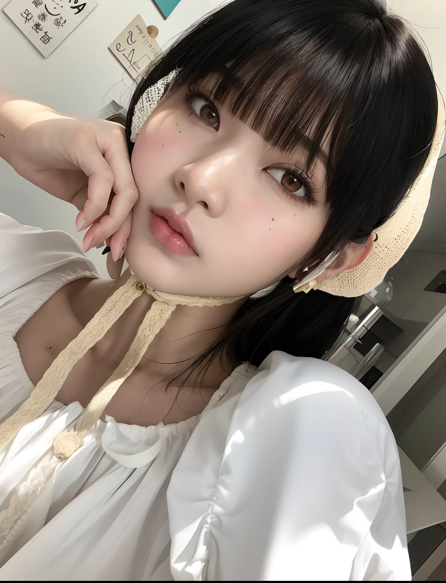 There's a woman who's wearing a hat and posing for a picture, Ulzzang, Shikami, Lalisa Manobal, Xintong Chen, branco hime corte penteado, Ela tem cabelo preto como franja, como franja, Sakimichan, Yoshitomo Nara, Chiho, young cute wan asian face, Branch Range