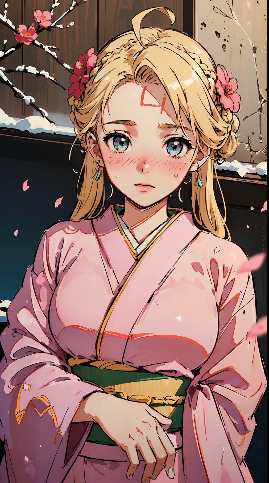 ((((((( ,Blushing,cute cheeks,blonde hair，large flower wedding kimono))))))，((1girl,Solo,Solo,Solo,Amazing,Cute Korean mixed-race girl，rosto magro,))(Masterpiece,Best quality, offcial art, Beautiful and aesthetic:1.2),((HD,Golden ratio,)) (16k),((Rose petals，snow,snow pieces)),(Physically-based rendering),((((on a desert,oasis,)))) (((highdetailskin,)))，((Hibiscus face)),((((detailed hairs|middle hair|french braid|forehead|soaked hair|twintail|ahoge)))),Slender,thicc,(masterpiece sidelighting),(The sheen),(Beautiful hair,Beautiful eyes,）[[Delicate fingers and hands:0.55]::0.85],(Detail fingers),(((Superior quality,)))),((unbelievable Ridiculous quality,)),((extremely_Detailed_Eyes_and_face)),Movie girl,(Dynamic configuration: 1.2),Brilliant, (Photorealistic), ((pink ribbon on hair)),Ultra-precise depiction, Ultra-detailed depiction