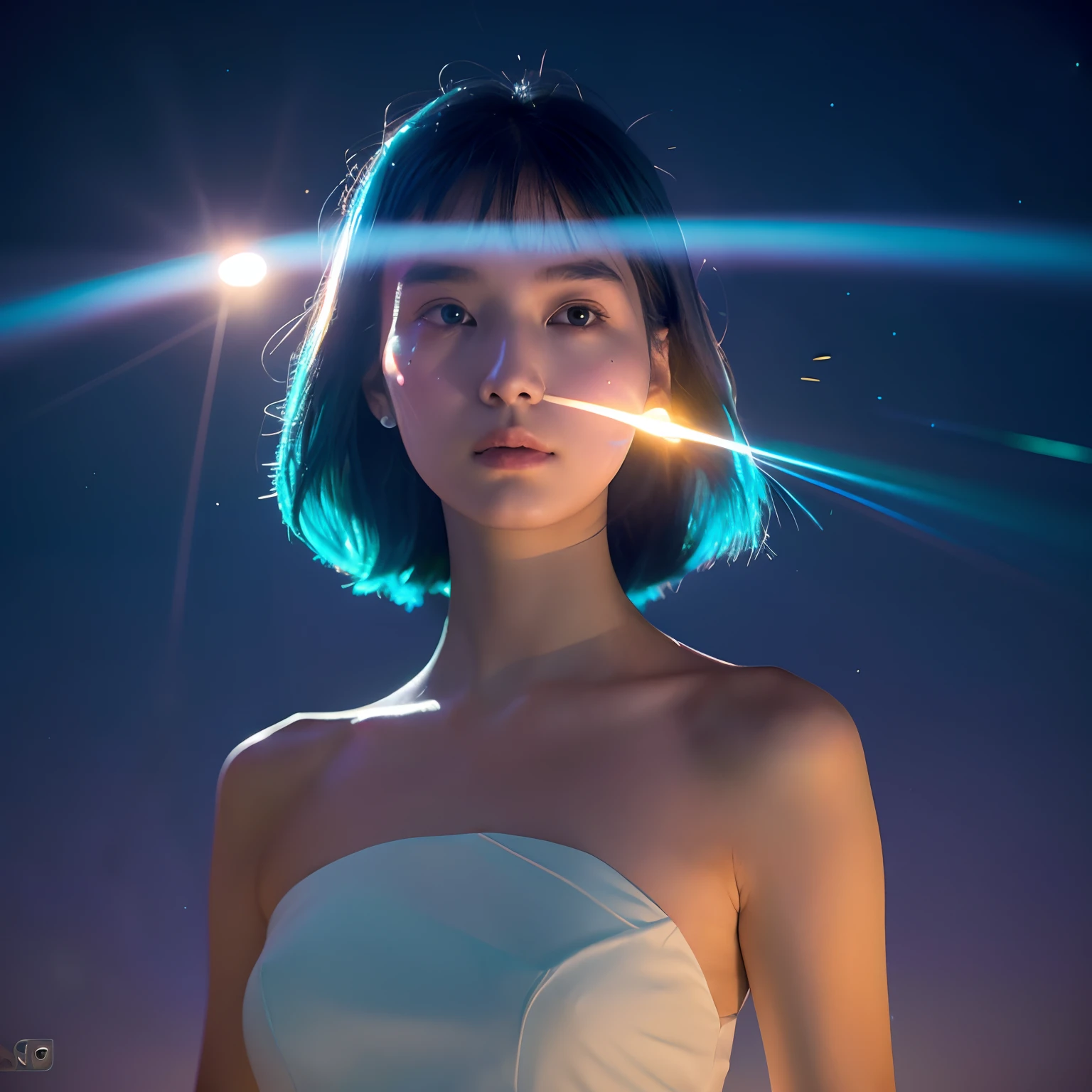 ((Best Quality)), ((Masterpiece)), ((Real), Portrait
1 girl, celestial body, god, goddess, light particles, halo, looking viewer, resolute eyes, bare shoulders, tube top, expressionless,
(Bioluminescence: 0.95) marine, bioluminescence, vivid, colorful, color, (sparkling, glowing), blue hair.
(beautiful composition), cinematic lighting, complex, (symmetry: 0.5), whimsical,