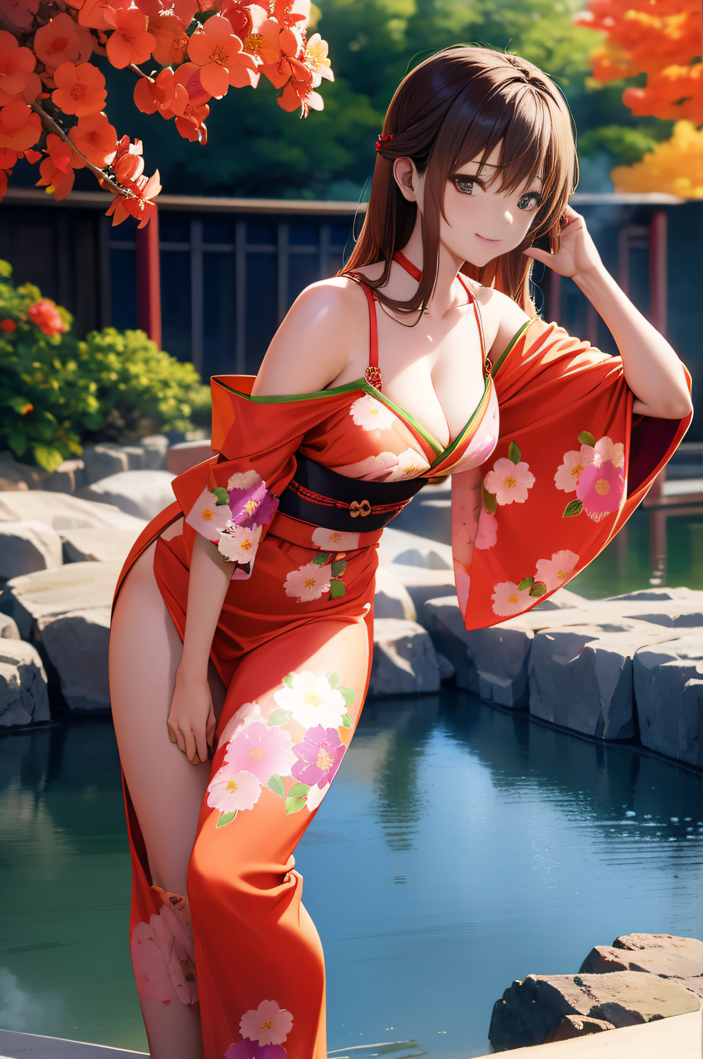 (Masterpiece, Best Quality, High Quality),Nishikino maki, Red hair, purple eyes, illustration, beautiful, a bow, sitting, (sexy kimono),Obi, off shoulder, thighs,big breasts, cleavage, looking at viewer,seductive smile, blushing, outdoors