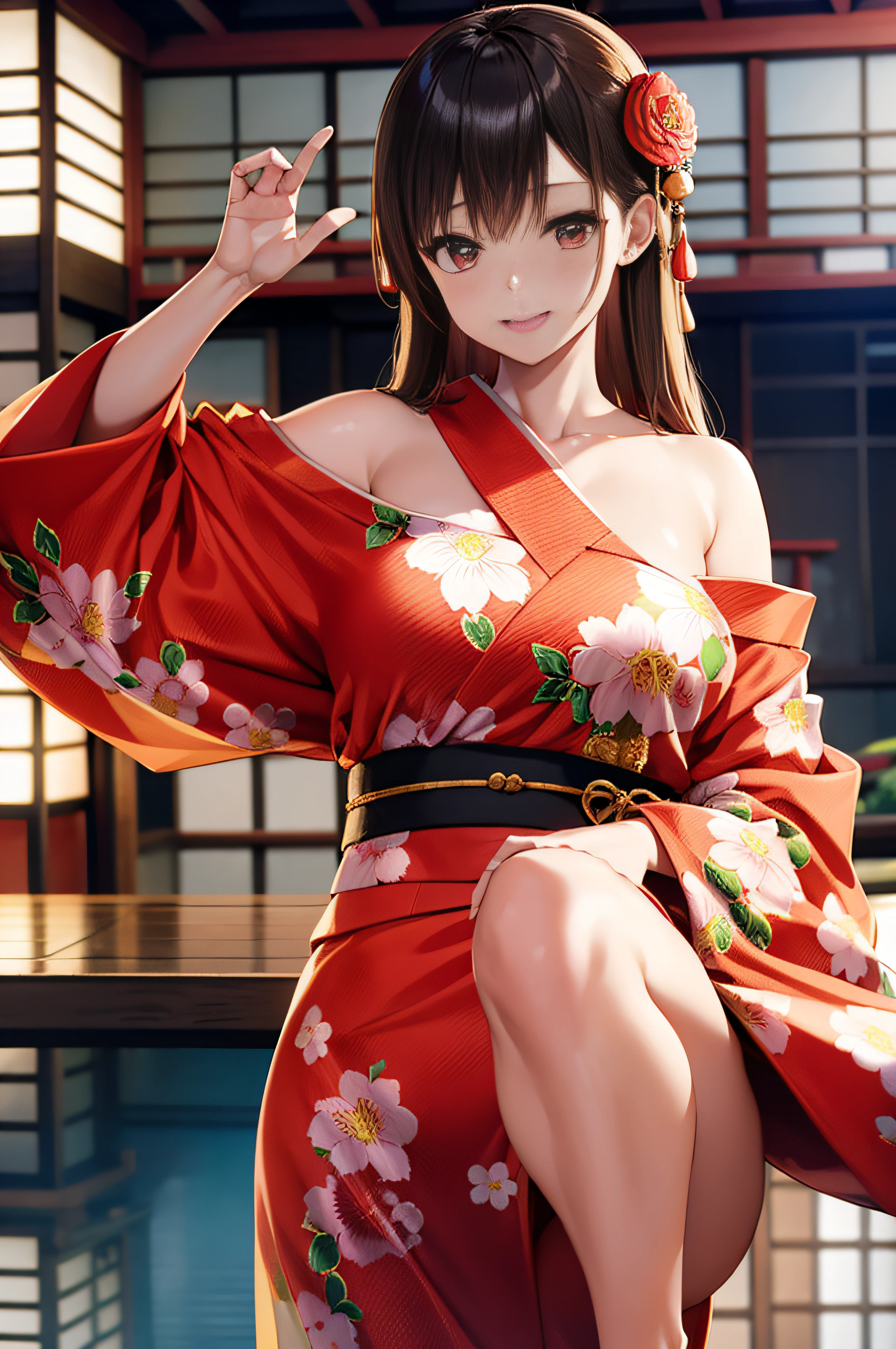 masutepiece, Best Quality, 1girl in、25 years old women, udder of medium size,, Curve, Perfect female body,Long Wave Hair、 Bright red kimono, Floral pattern, 鎖骨, off shoulders, Crouch Pose、Leaning forward to emphasize the chest、Hot Spring Ryokan Room