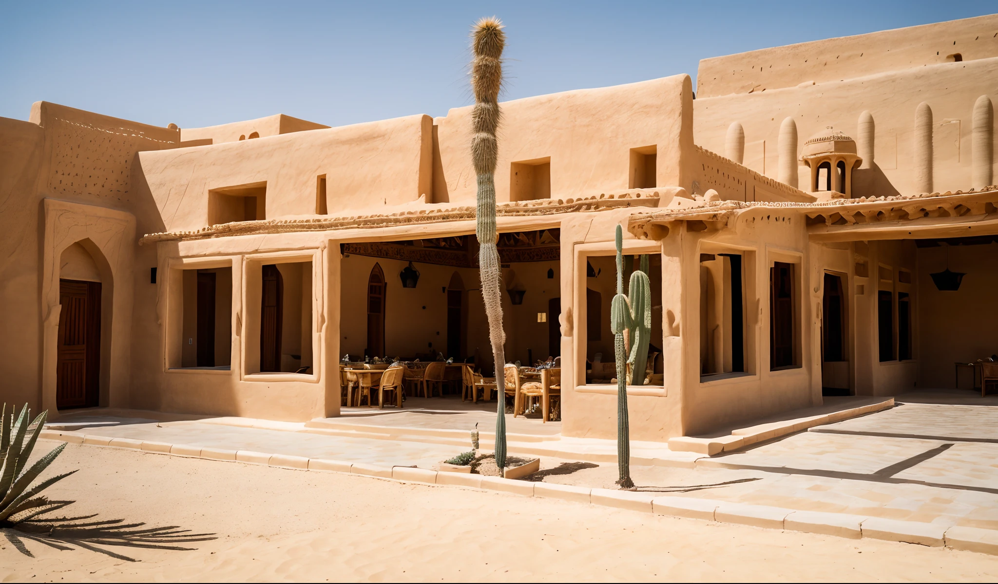 RAW photo,Masterpiece, high quality, best quality, authentic, super detail,
exterior, outdoors, cafe, Middle Eastern architecture, Arabic, desert, sandy, camels, cacti, dry, Walls made of earth, small windows, arched windows, beautiful summer sky