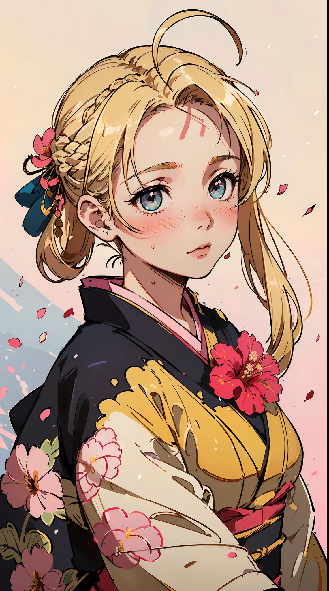 ((((((( ,Blushing,cute cheeks,blonde hair，large flower wedding kimono))))))，((1girl,Solo,Solo,Solo,Amazing,Cute Korean mixed-race girl，rosto magro,))(Masterpiece,Best quality, offcial art, Beautiful and aesthetic:1.2),((HD,Golden ratio,)) (16k),((Rose petals，snow,snow pieces)),(Physically-based rendering),((((on a desert,oasis,)))) (((highdetailskin,)))，((Hibiscus face)),((((detailed hairs|middle hair|french braid|forehead|soaked hair|twintail|ahoge)))),Slender,thicc,(masterpiece sidelighting),(The sheen),(Beautiful hair,Beautiful eyes,）[[Delicate fingers and hands:0.55]::0.85],(Detail fingers),(((Superior quality,)))),((unbelievable Ridiculous quality,)),((extremely_Detailed_Eyes_and_face)),Movie girl,(Dynamic configuration: 1.2),Brilliant, (Photorealistic), ((pink ribbon on hair)),Ultra-precise depiction, Ultra-detailed depiction